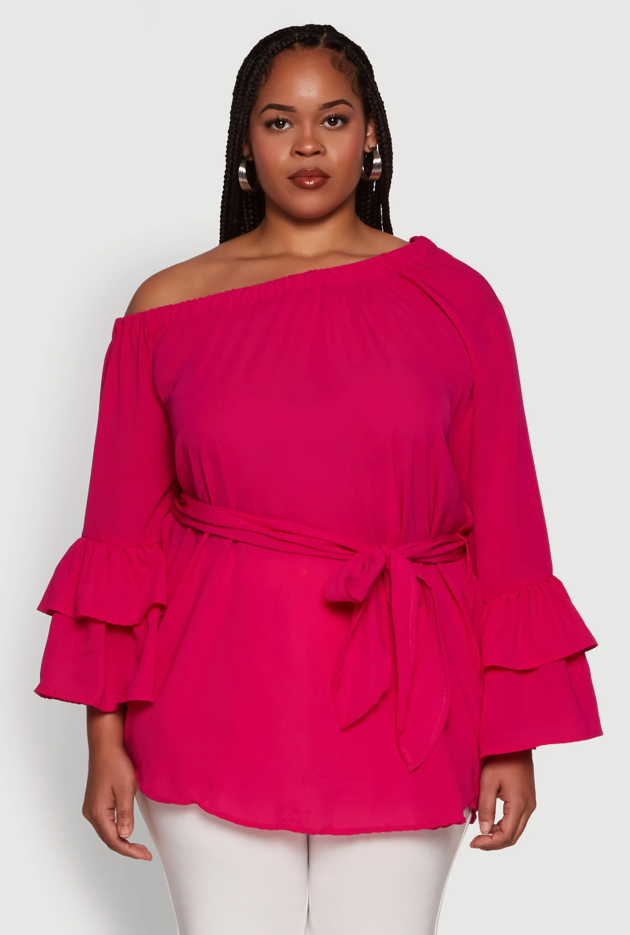 Plus Size Stylish One Shoulder Bell Sleeve Blouse with Ruffles sold by Rainbow product image thumbnail 2