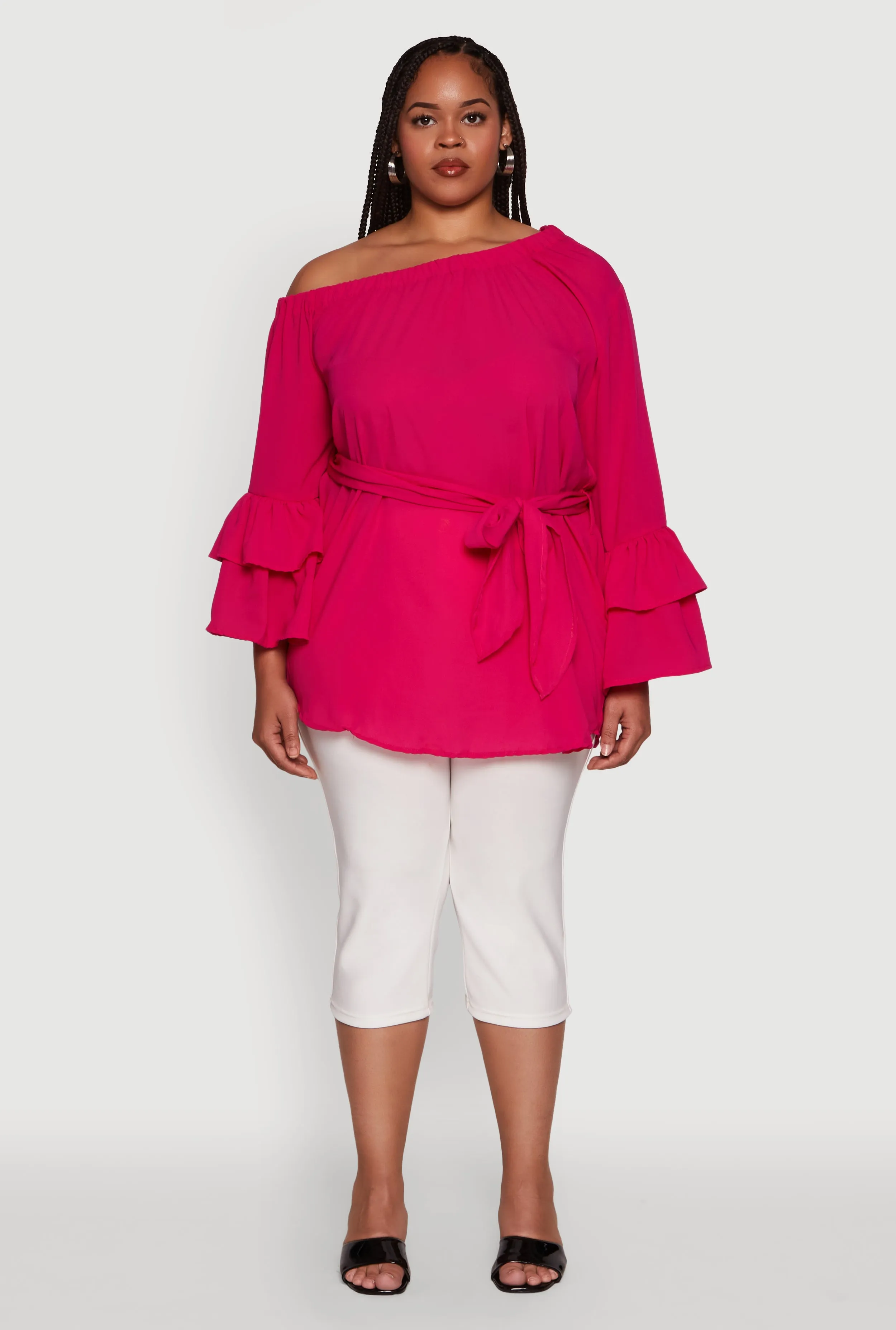 Plus Size Stylish One Shoulder Bell Sleeve Blouse with Ruffles sold by Rainbow