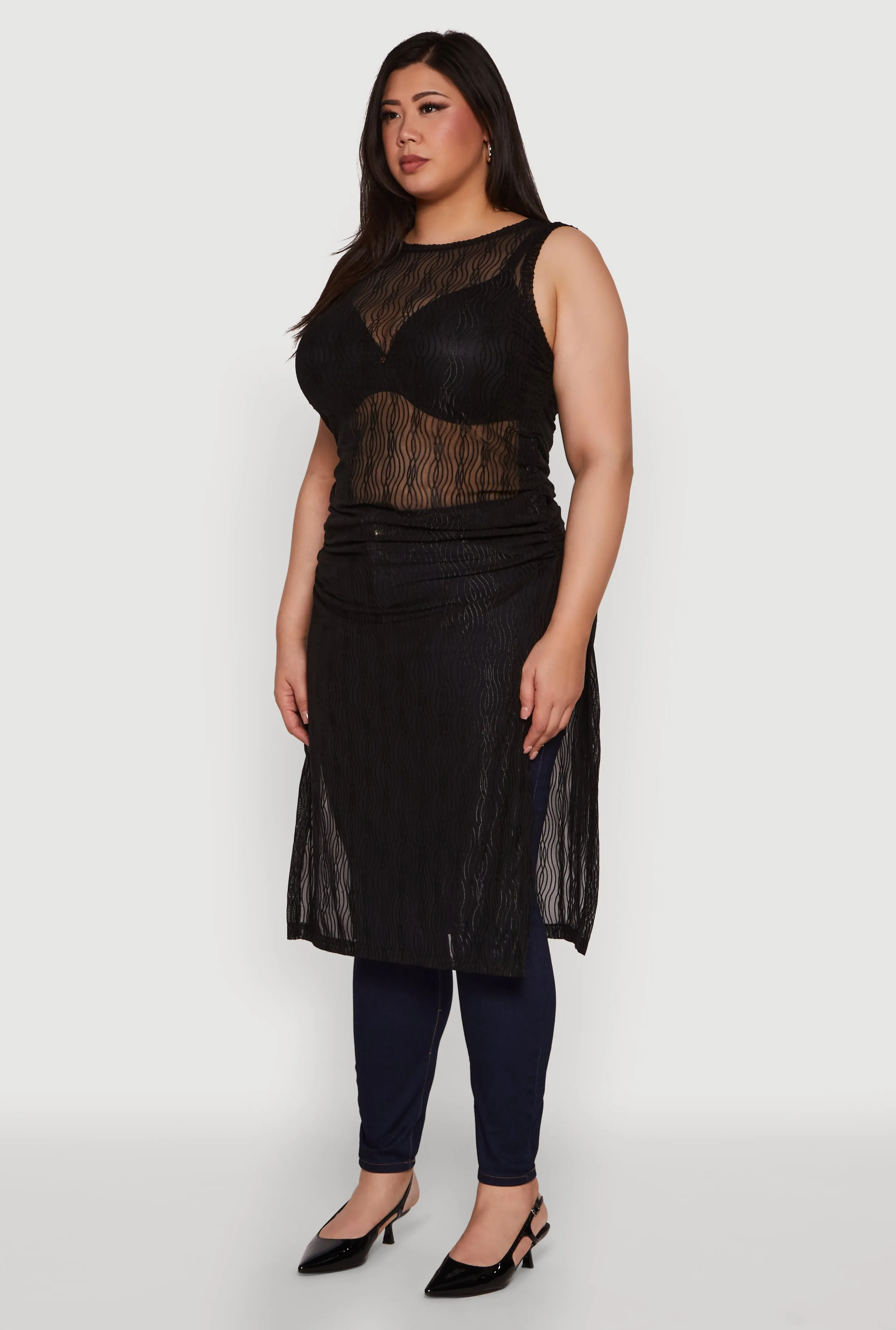 Plus Size Stylish Mesh Side Slit Tank Top with Ruching and Maxi Hem sold by Rainbow product image thumbnail 5