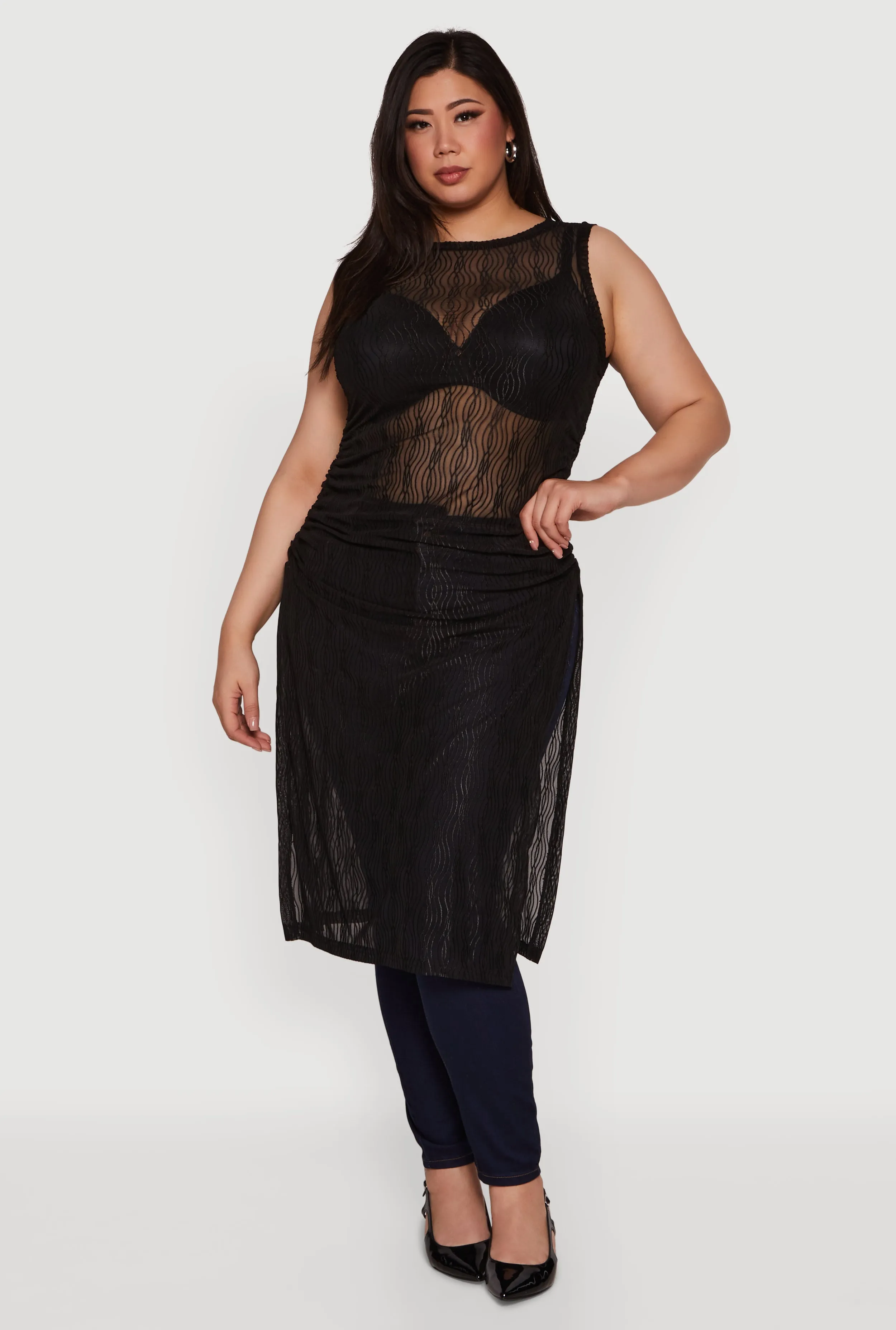 Plus Size Stylish Mesh Side Slit Tank Top with Ruching and Maxi Hem sold by Rainbow product image thumbnail 3