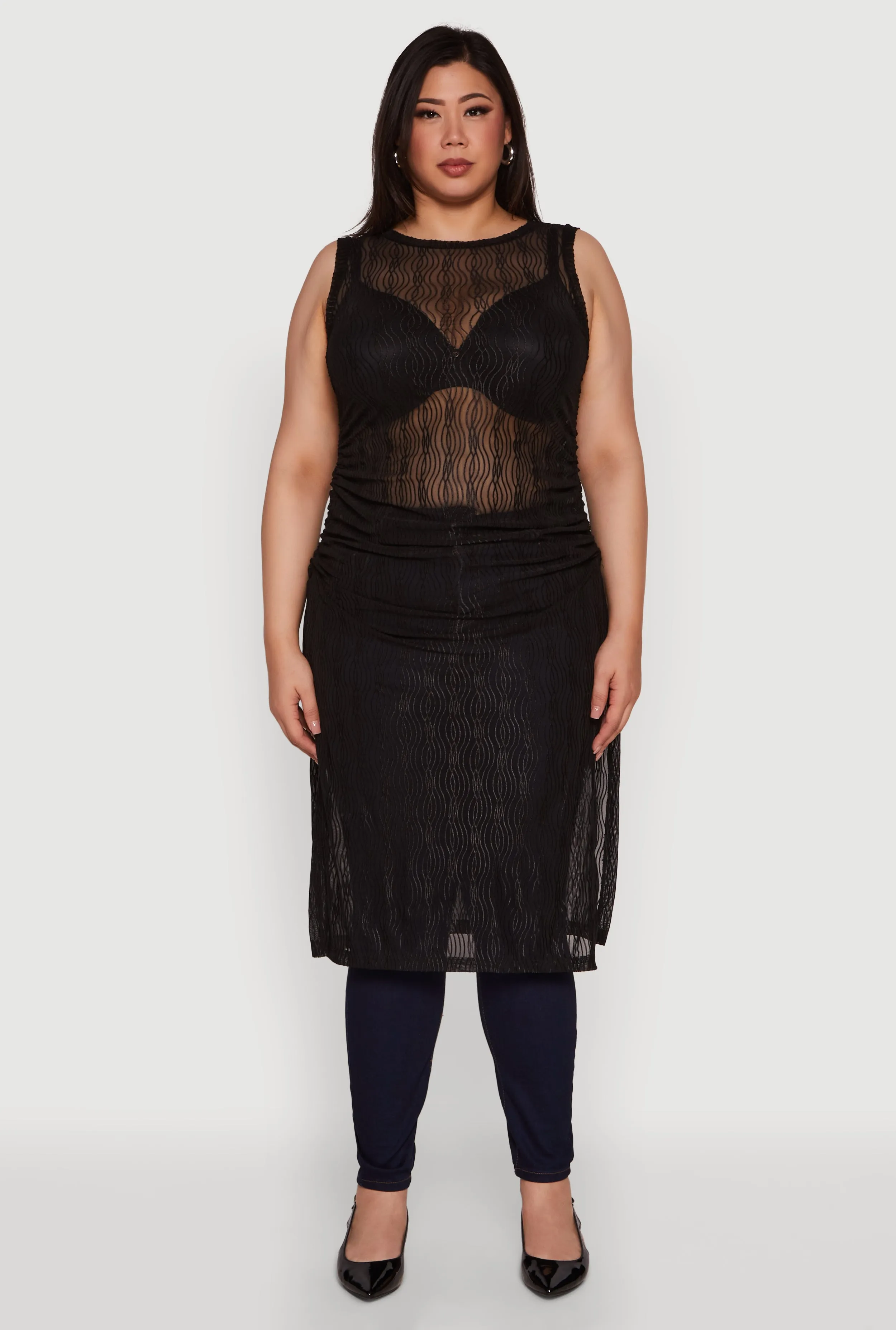 Plus Size Stylish Mesh Side Slit Tank Top with Ruching and Maxi Hem sold by Rainbow
