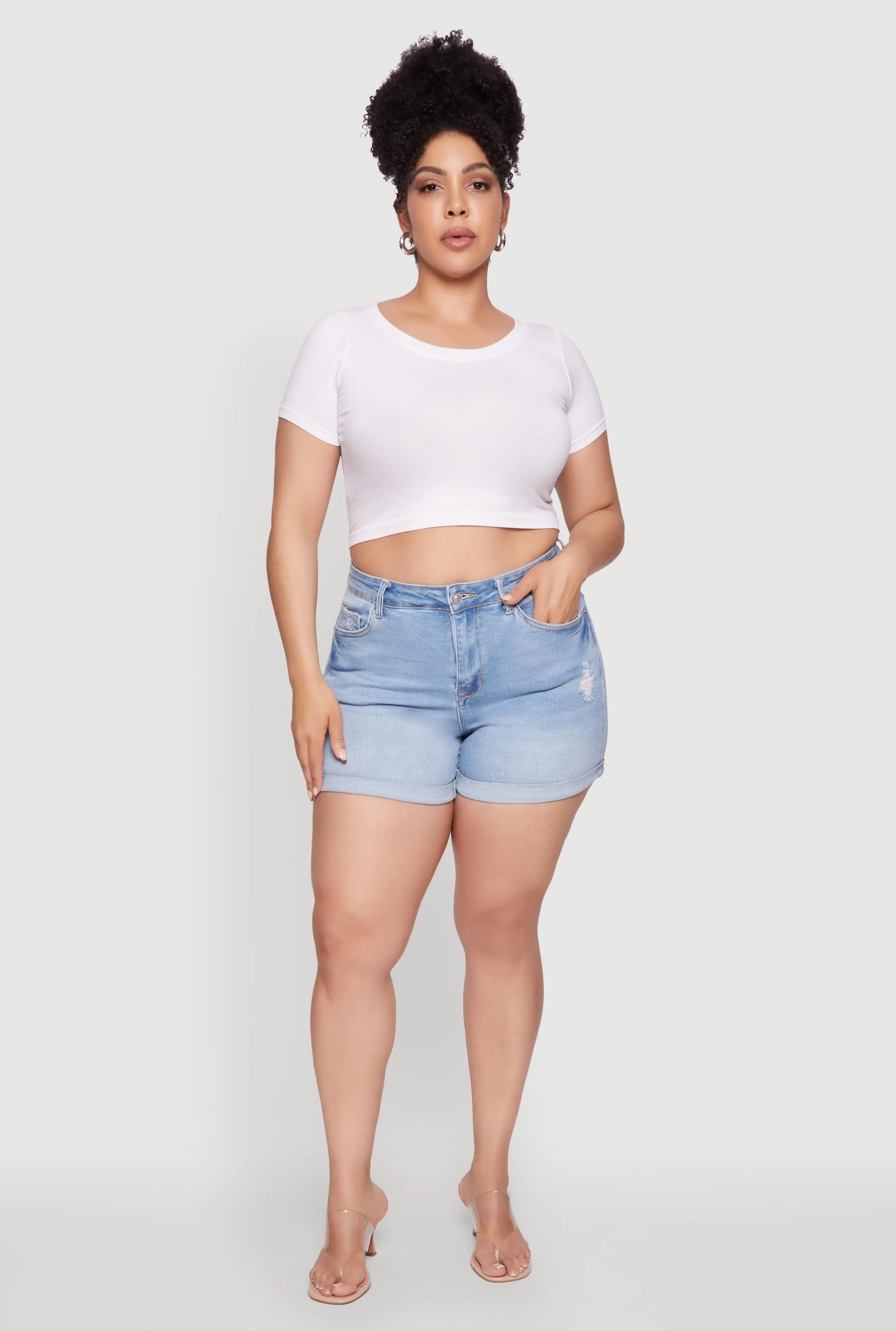 Plus Size WAX High Waisted Distressed Denim Shorts sold by Rainbow