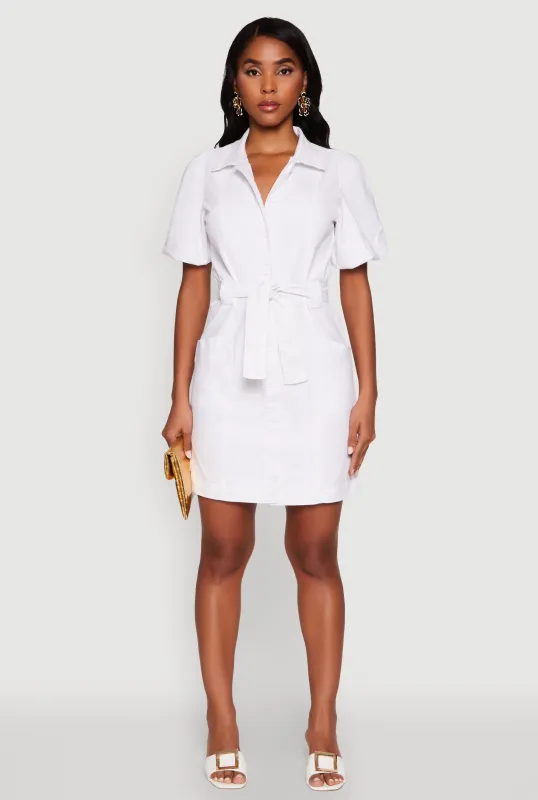Chic Twill Puff Sleeve Shirt Dress with Tie Waist Belt sold by Rainbow