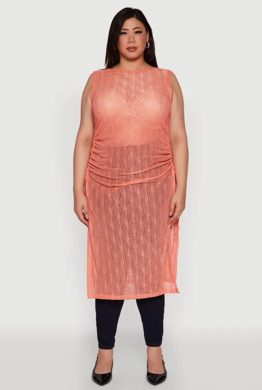 Plus Size Stylish Mesh Side Slit Tank Top with Ruching and Maxi Hem sold by Rainbow