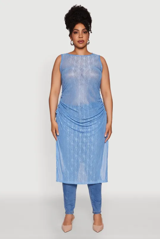 Plus Size Stylish Mesh Side Slit Tank Top with Ruching and Maxi Hem sold by Rainbow