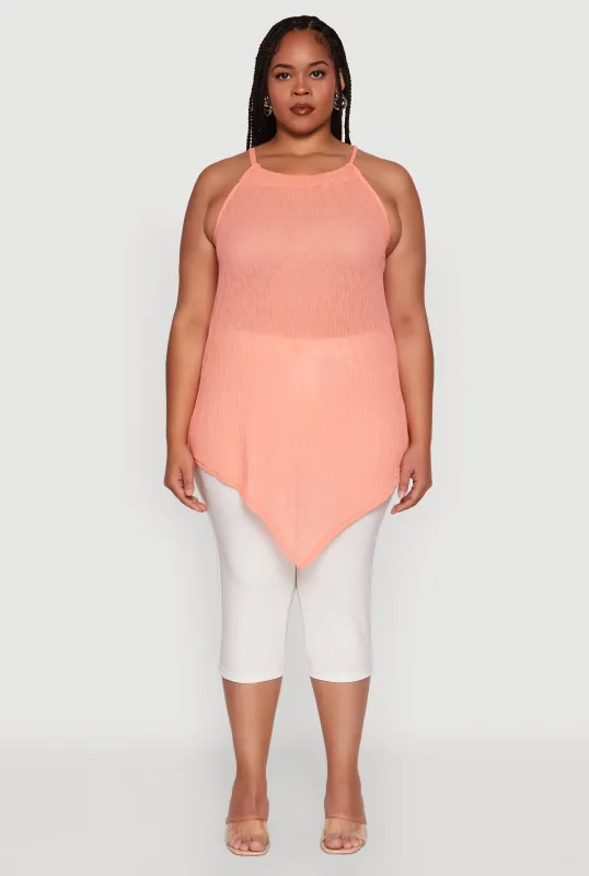 Plus Size Chic Textured Knit Tank Top with Hanky Hem and Halter Neck sold by Rainbow