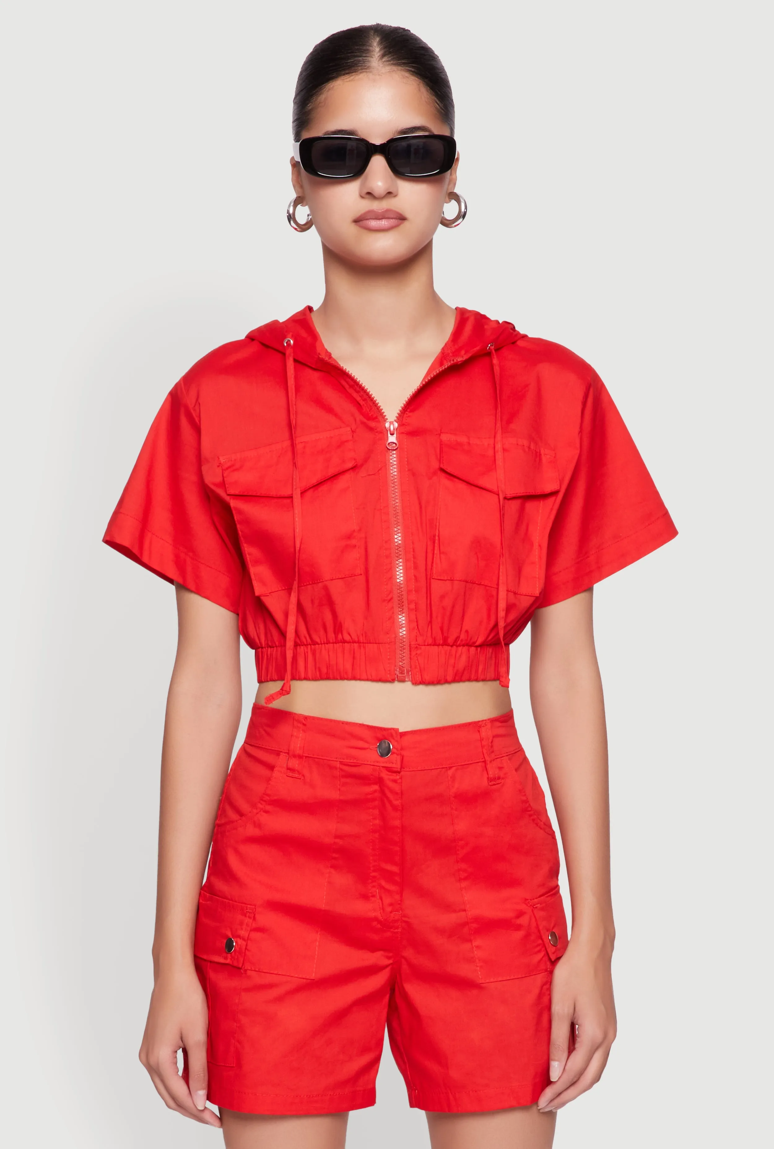 Cropped Zip Front Hooded Blouse sold by Rainbow