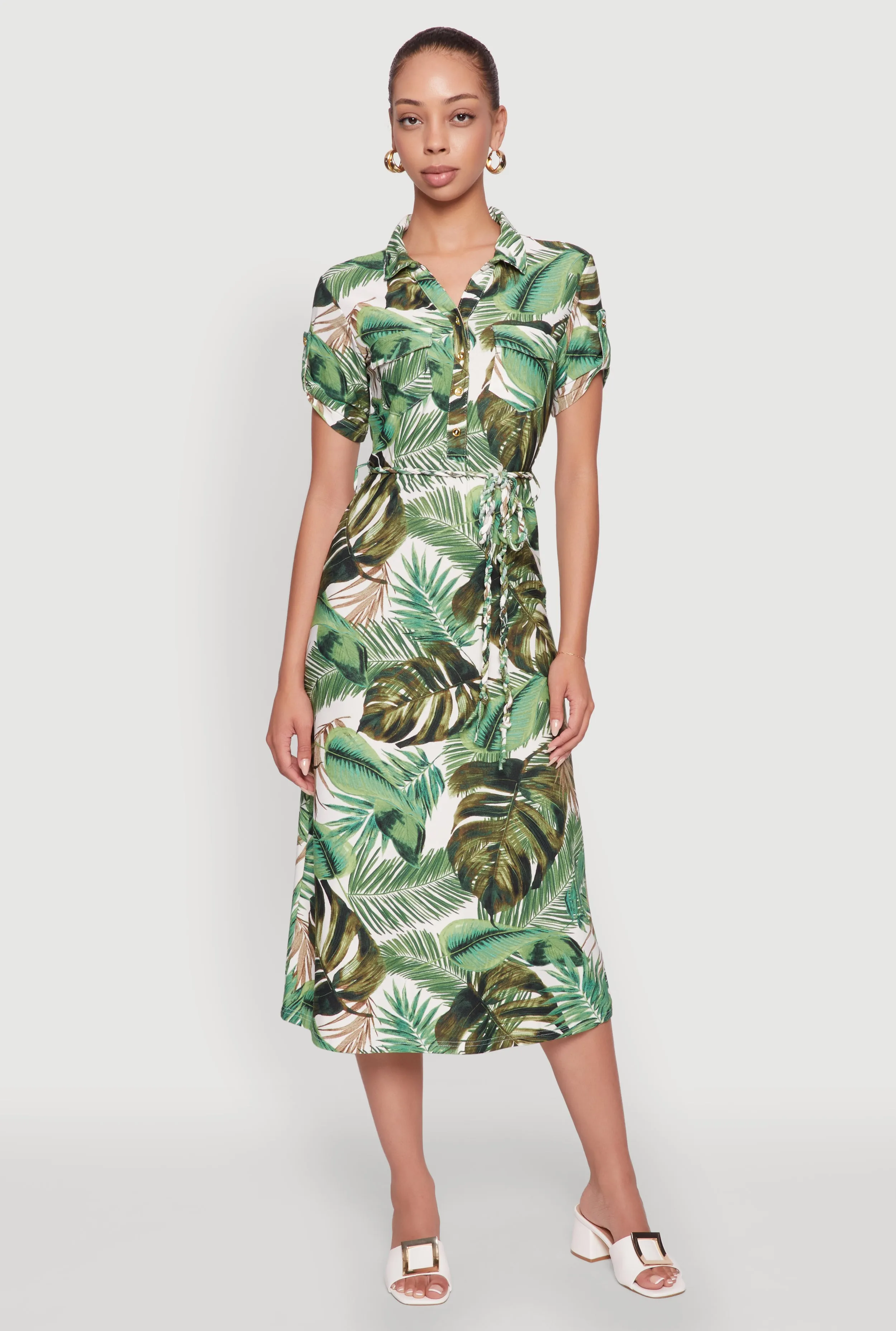 Tropical Leaf Tie Waist Belted Half Button Front Shirt Dress sold by Rainbow