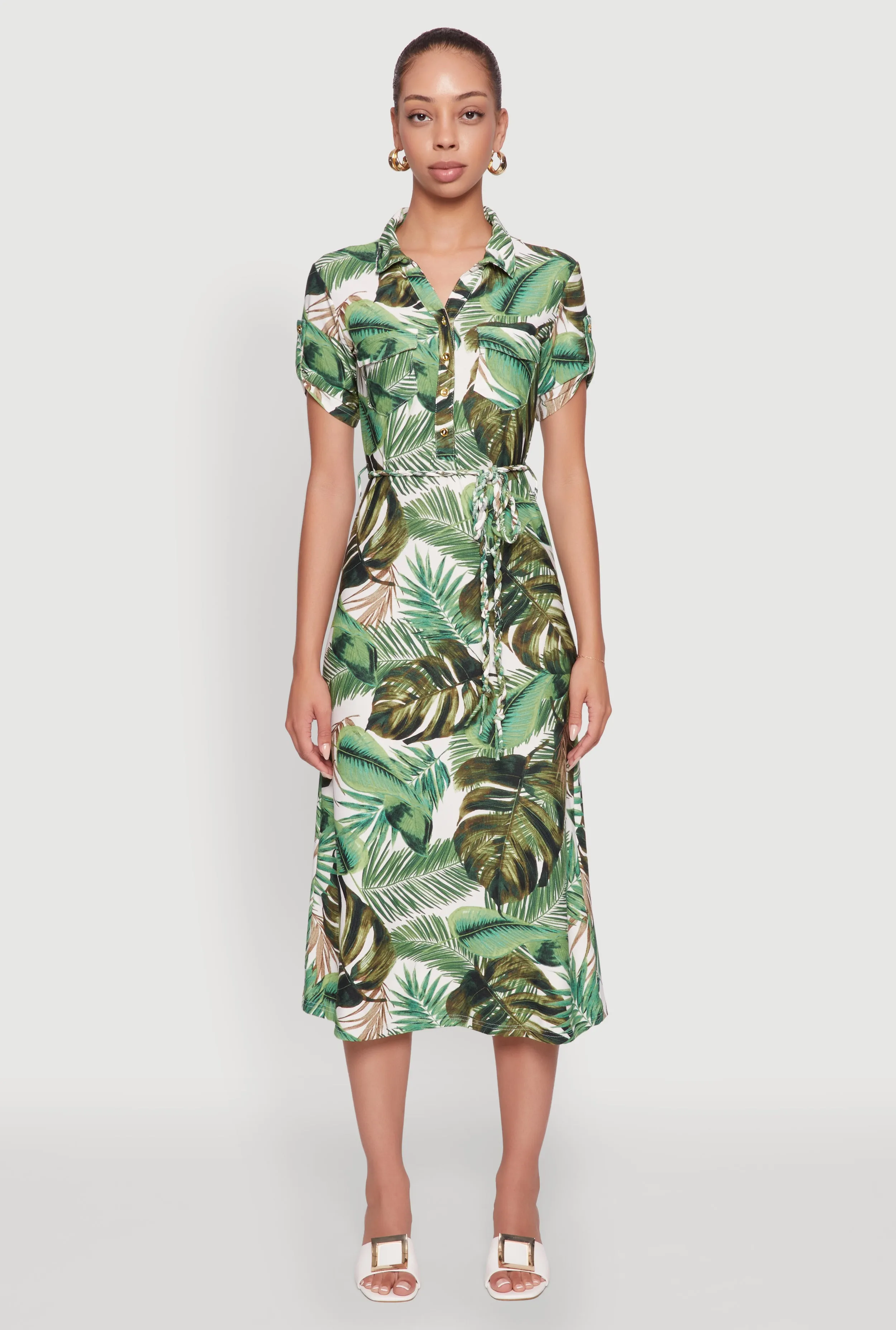 Tropical Leaf Tie Waist Belted Half Button Front Shirt Dress sold by Rainbow product image thumbnail 2