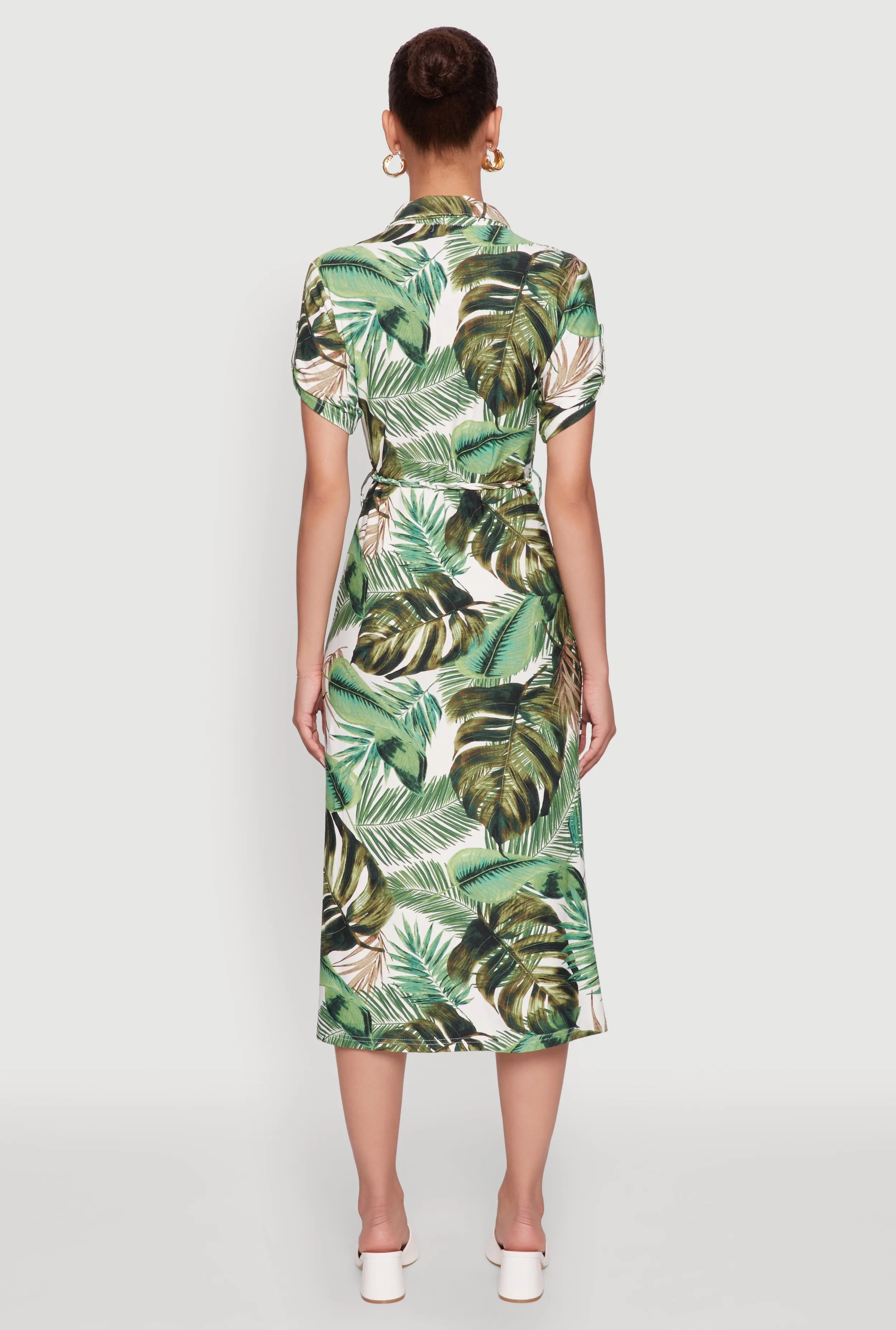 Tropical Leaf Tie Waist Belted Half Button Front Shirt Dress sold by Rainbow product image thumbnail 5