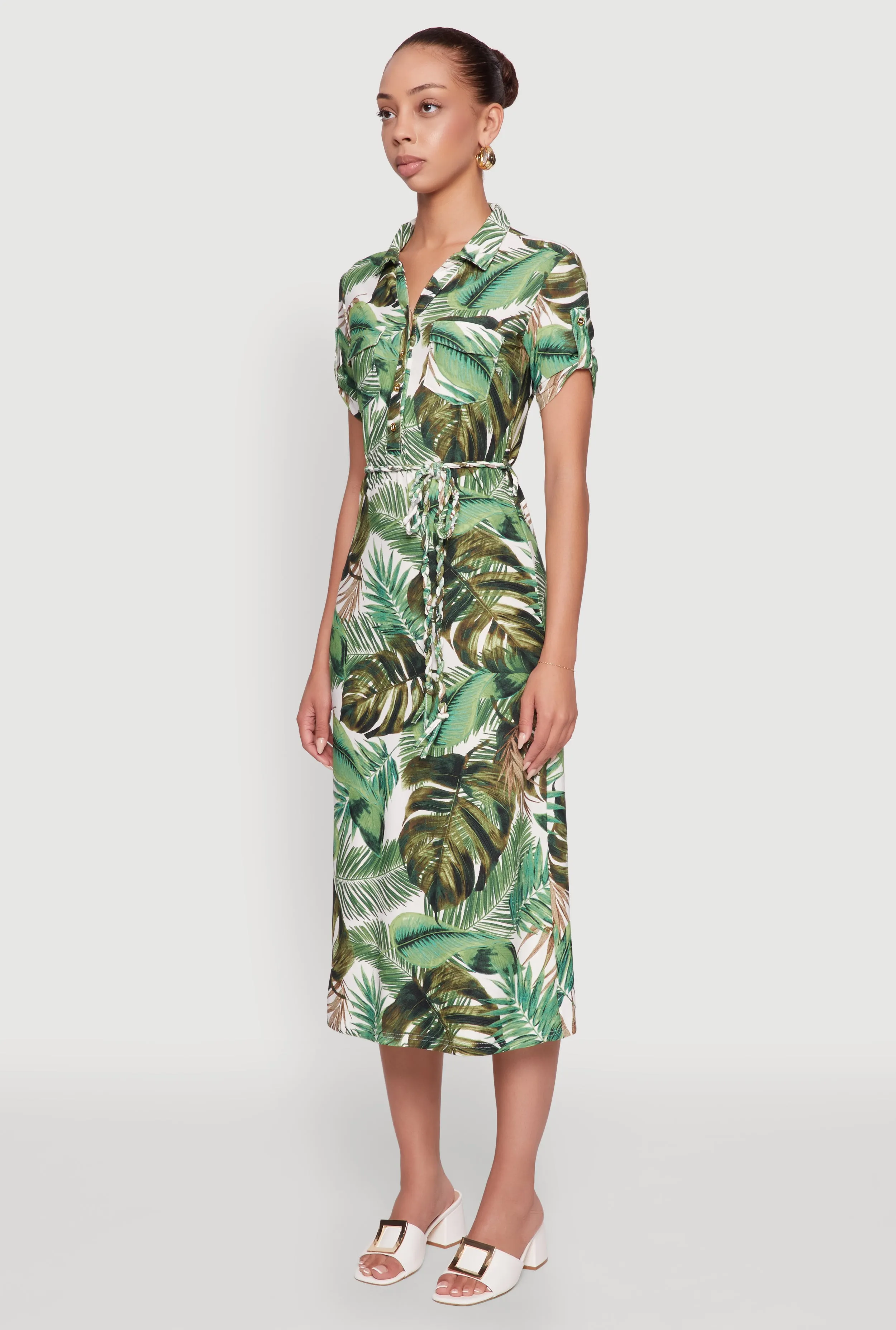 Tropical Leaf Tie Waist Belted Half Button Front Shirt Dress sold by Rainbow product image thumbnail 3
