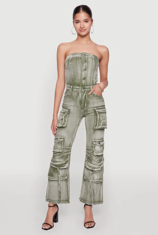 Daisy Denim Strapless Flare Jumpsuit with Cargo Pockets sold by Rainbow