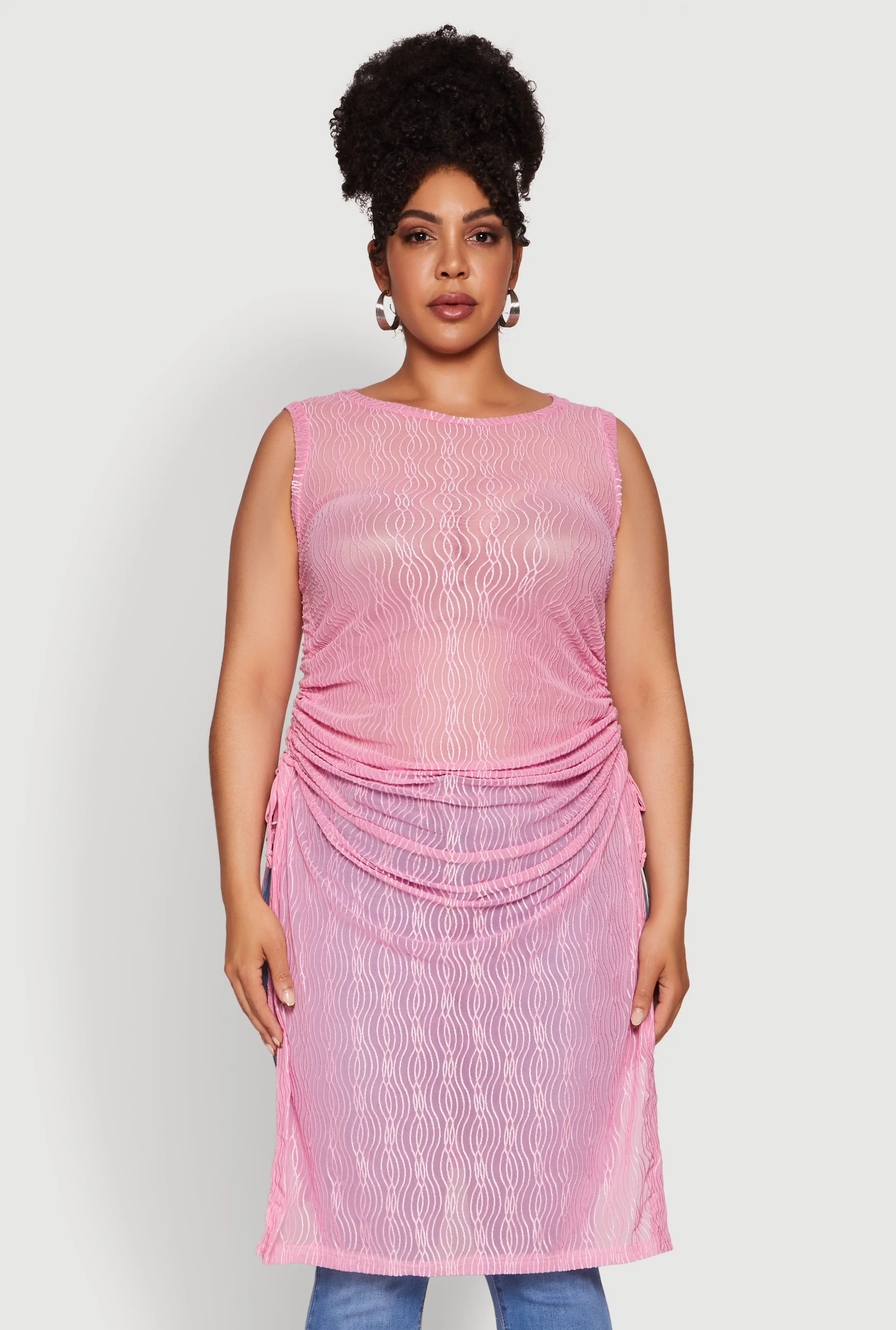 Plus Size Stylish Mesh Side Slit Tank Top with Ruching and Maxi Hem sold by Rainbow product image thumbnail 2