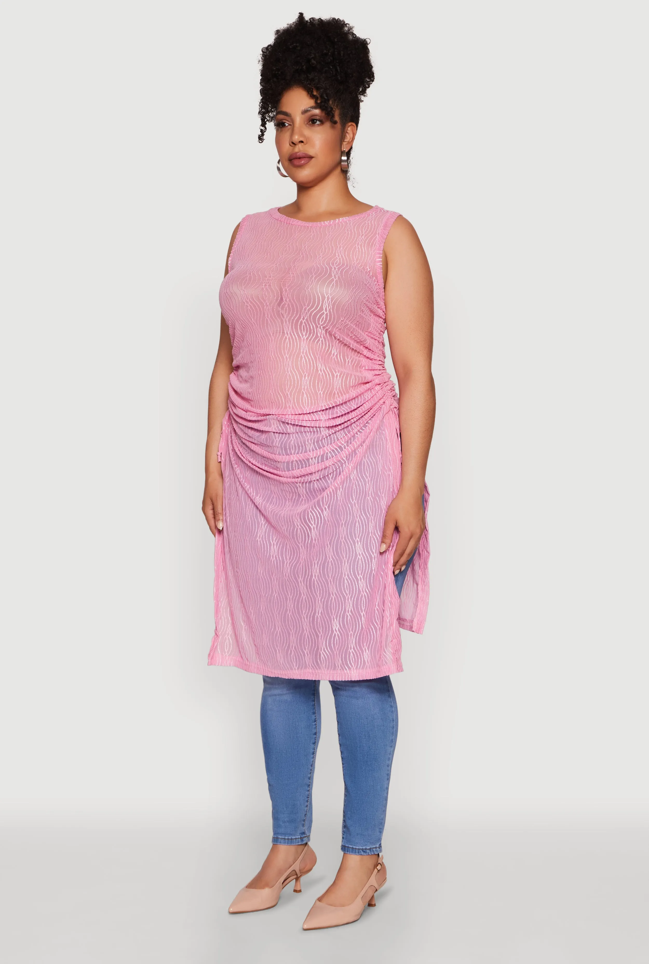 Plus Size Stylish Mesh Side Slit Tank Top with Ruching and Maxi Hem sold by Rainbow product image thumbnail 5