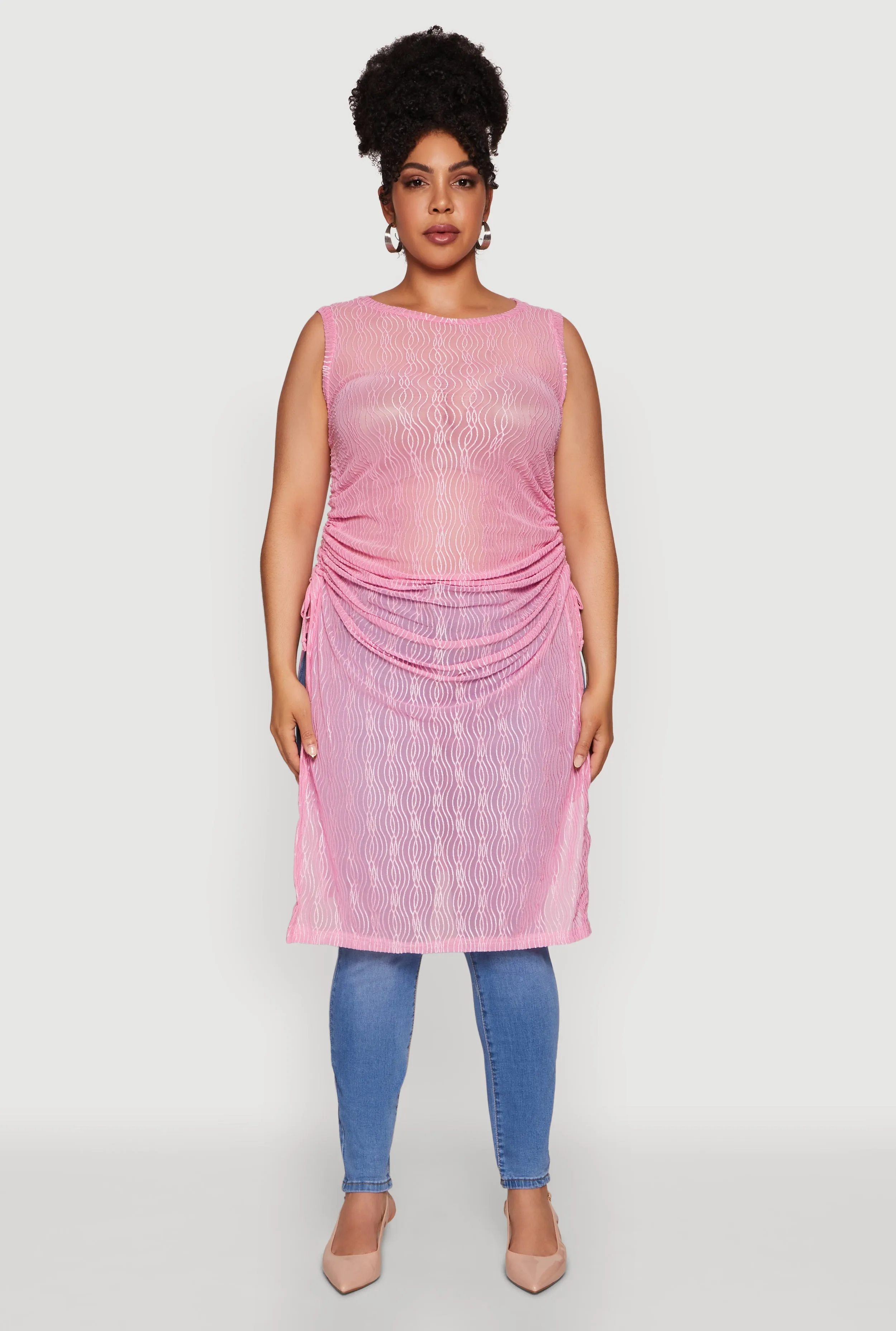 Plus Size Stylish Mesh Side Slit Tank Top with Ruching and Maxi Hem sold by Rainbow