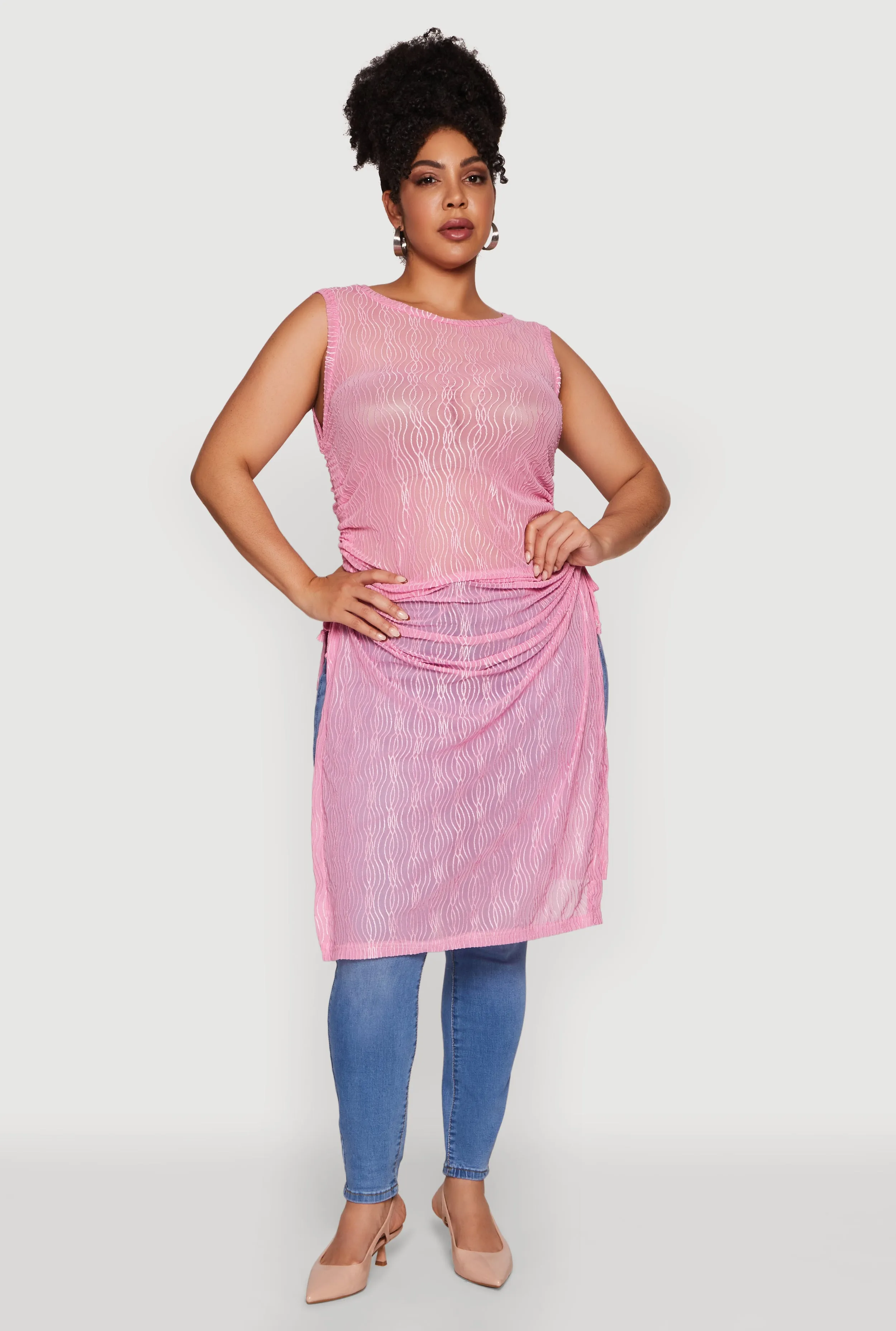 Plus Size Stylish Mesh Side Slit Tank Top with Ruching and Maxi Hem sold by Rainbow product image thumbnail 3