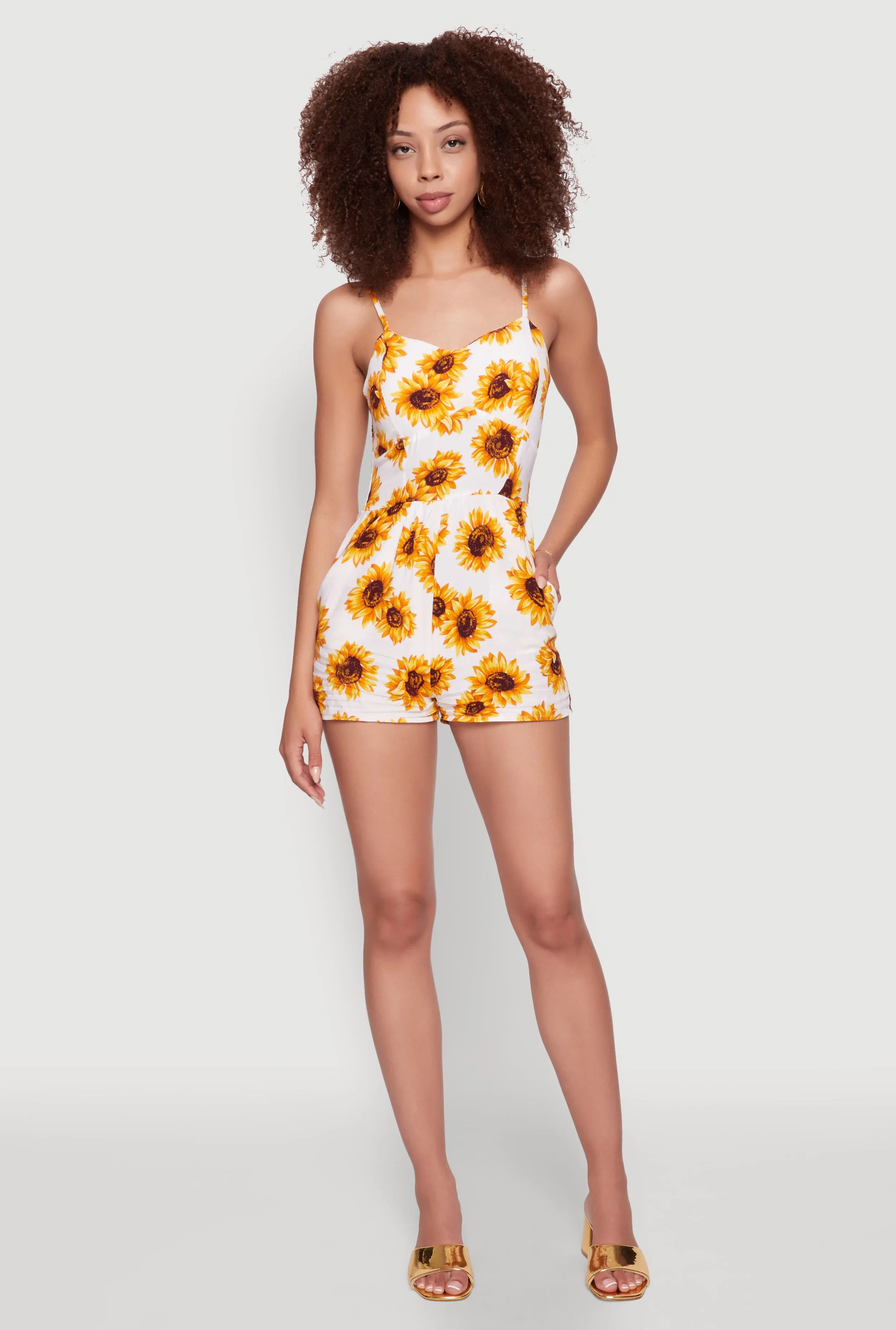 Sunflower Print Sleeveless Romper with Padded Cups sold by Rainbow