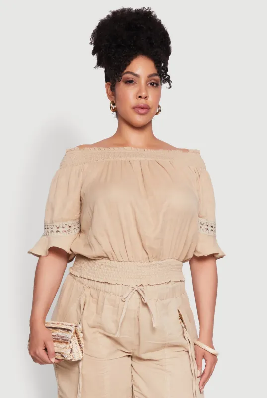 Plus Size Chic Crochet Detail Off Shoulder Blouse sold by Rainbow
