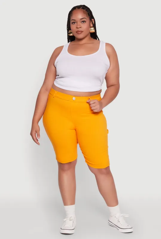 Plus Size Hyperstretch High Waisted Bermuda Shorts with Faux Button sold by Rainbow