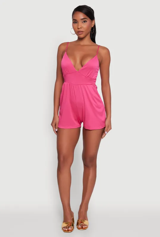 Stylish Textured Knit Plunge Neck Cami Romper with Tie Back sold by Rainbow
