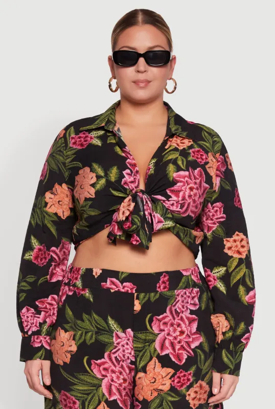 Plus Size Floral Long Sleeve Tie Front Crop Top sold by Rainbow