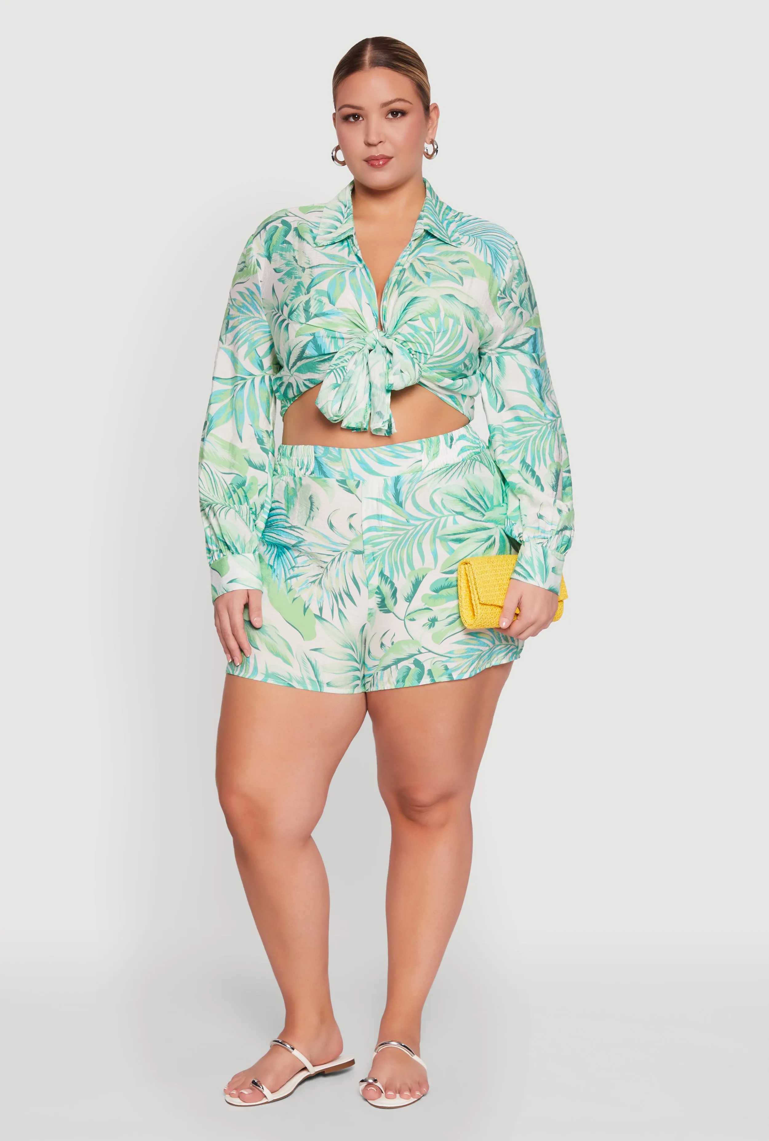 Plus Size Tropical Floral Tie Front Long Sleeve Crop Top sold by Rainbow product image thumbnail 3