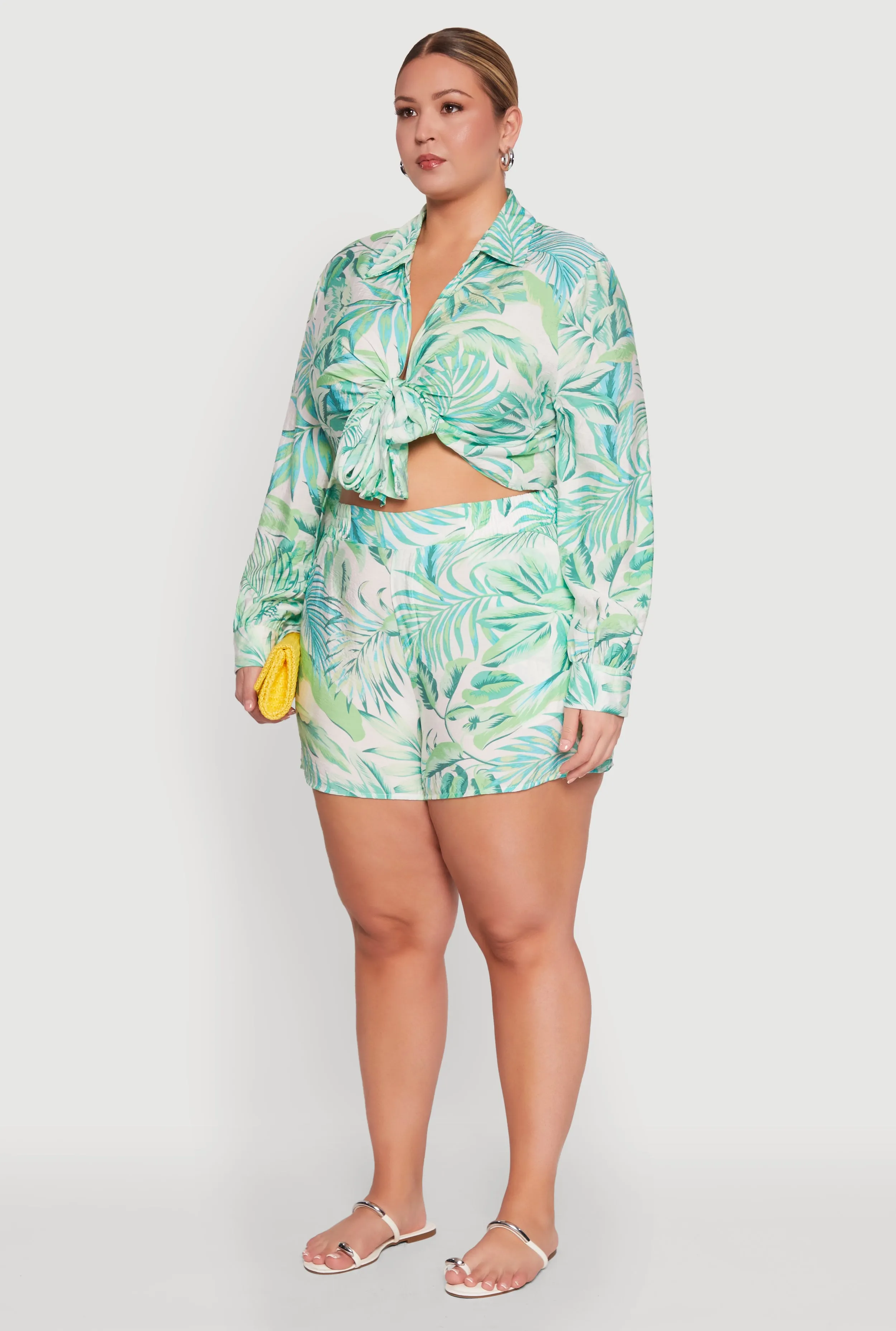 Plus Size Tropical Floral Tie Front Long Sleeve Crop Top sold by Rainbow product image thumbnail 5