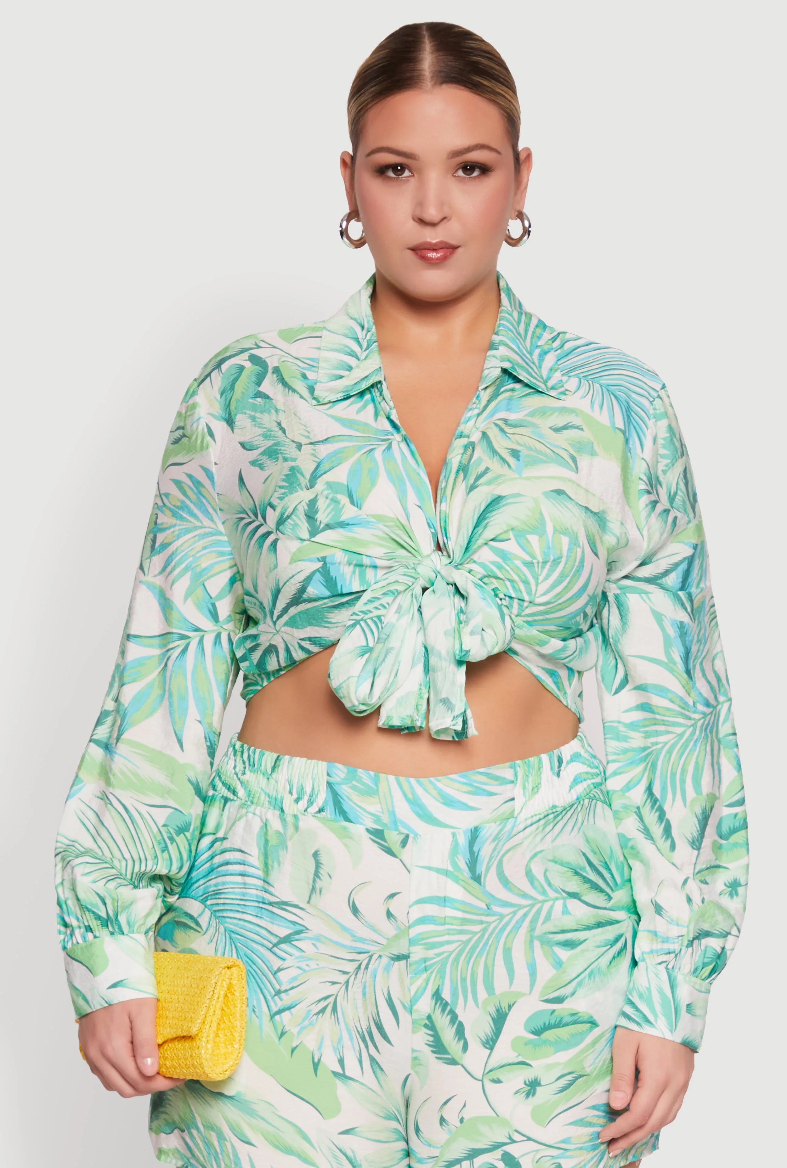Plus Size Tropical Floral Tie Front Long Sleeve Crop Top sold by Rainbow