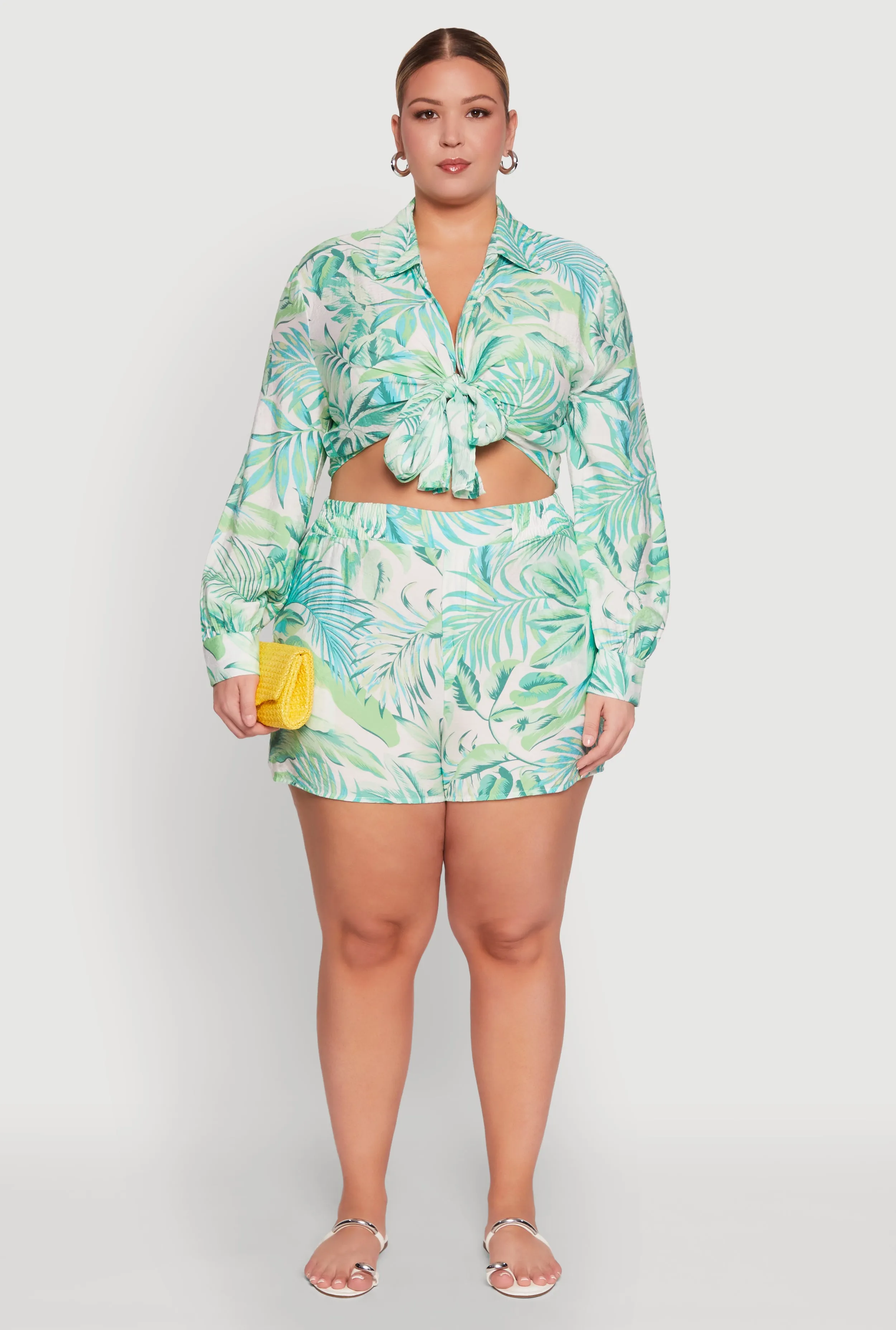 Plus Size Tropical Floral Tie Front Long Sleeve Crop Top sold by Rainbow product image thumbnail 2