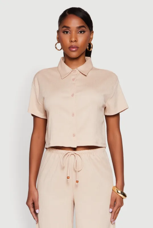 Haute Monde Textured Knit Button Front Cropped Shirt sold by Rainbow