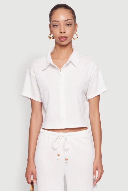 Haute Monde Textured Knit Button Front Cropped Shirt sold by Rainbow