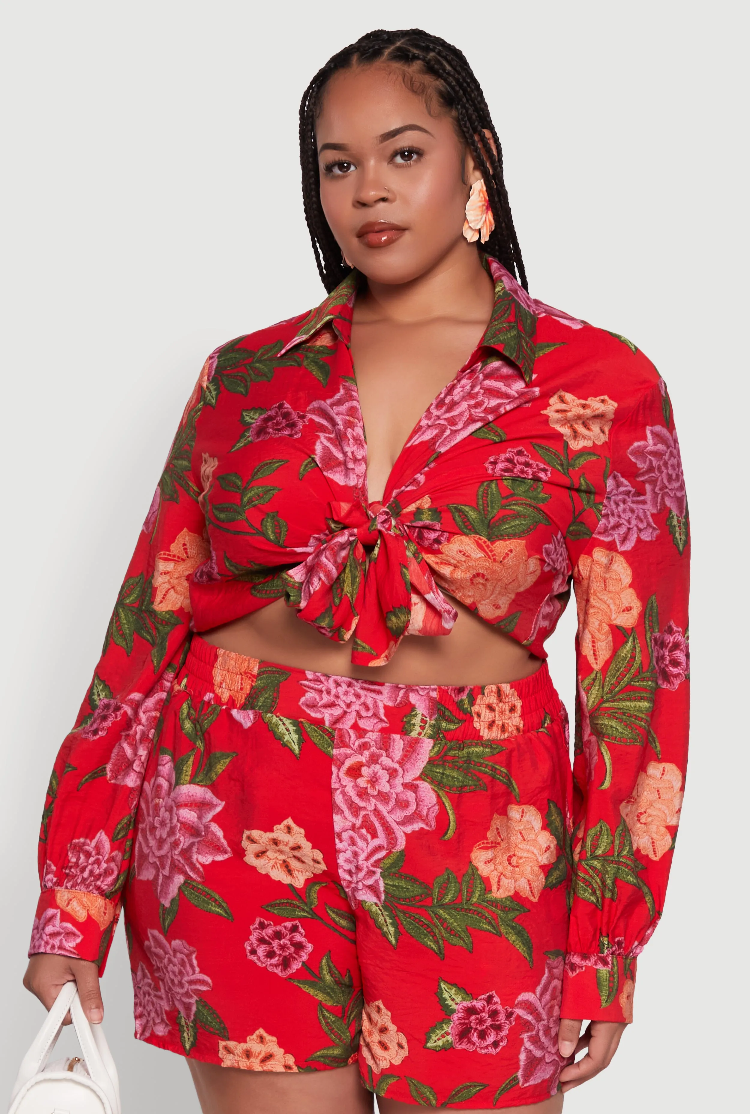 Plus Size Floral Long Sleeve Tie Front Crop Top sold by Rainbow