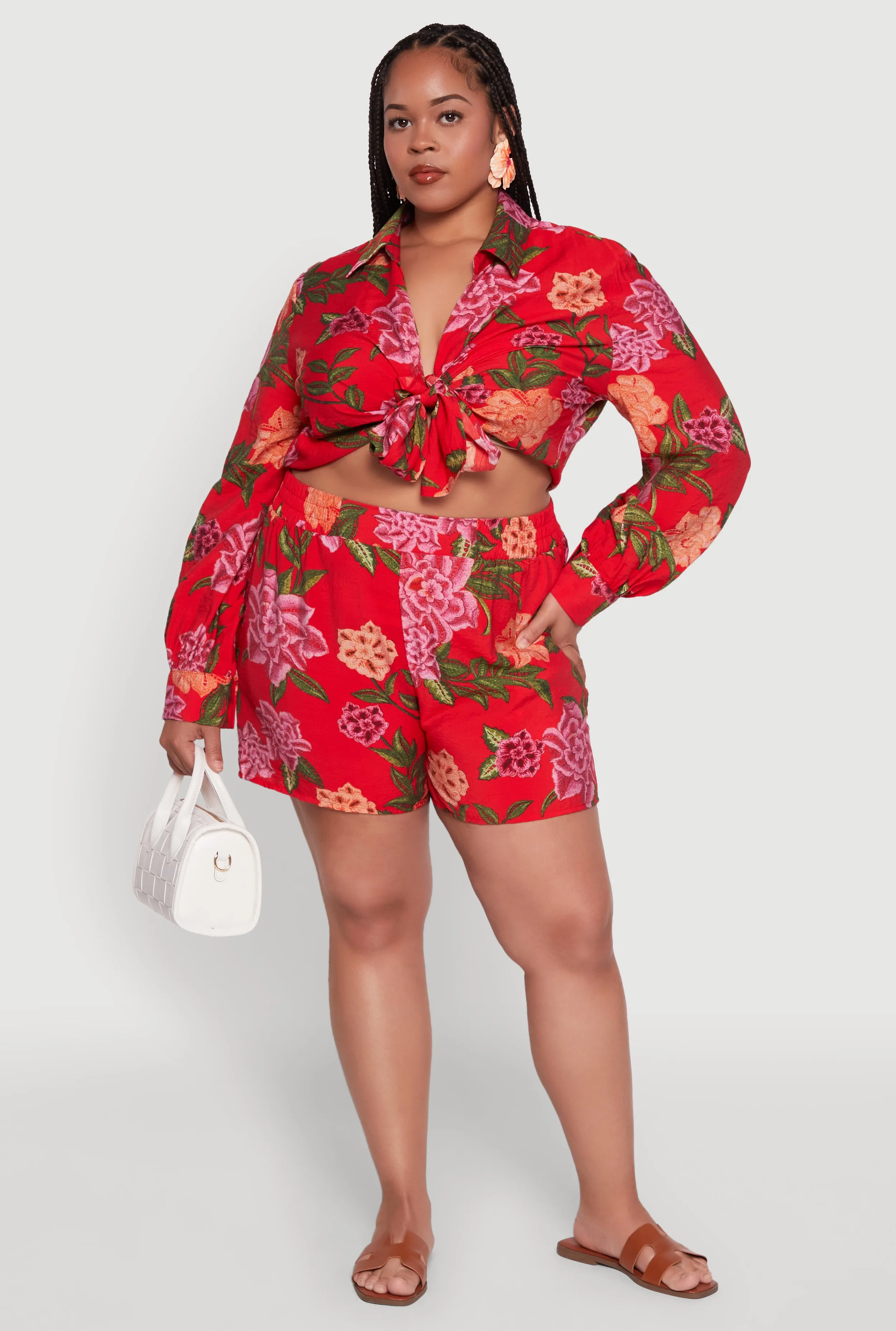Plus Size Floral Long Sleeve Tie Front Crop Top sold by Rainbow product image thumbnail 2