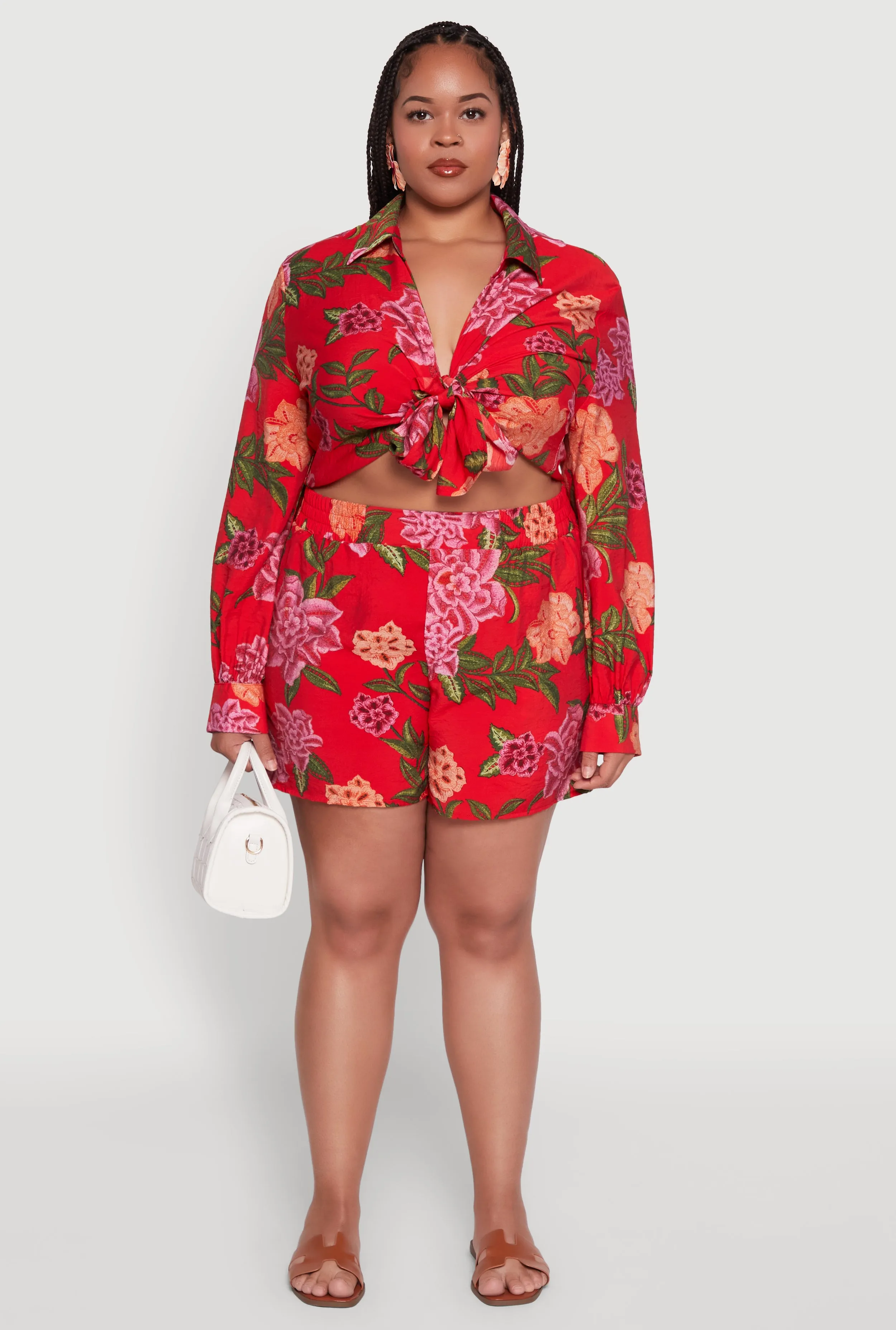 Plus Size Floral Long Sleeve Tie Front Crop Top sold by Rainbow product image thumbnail 3