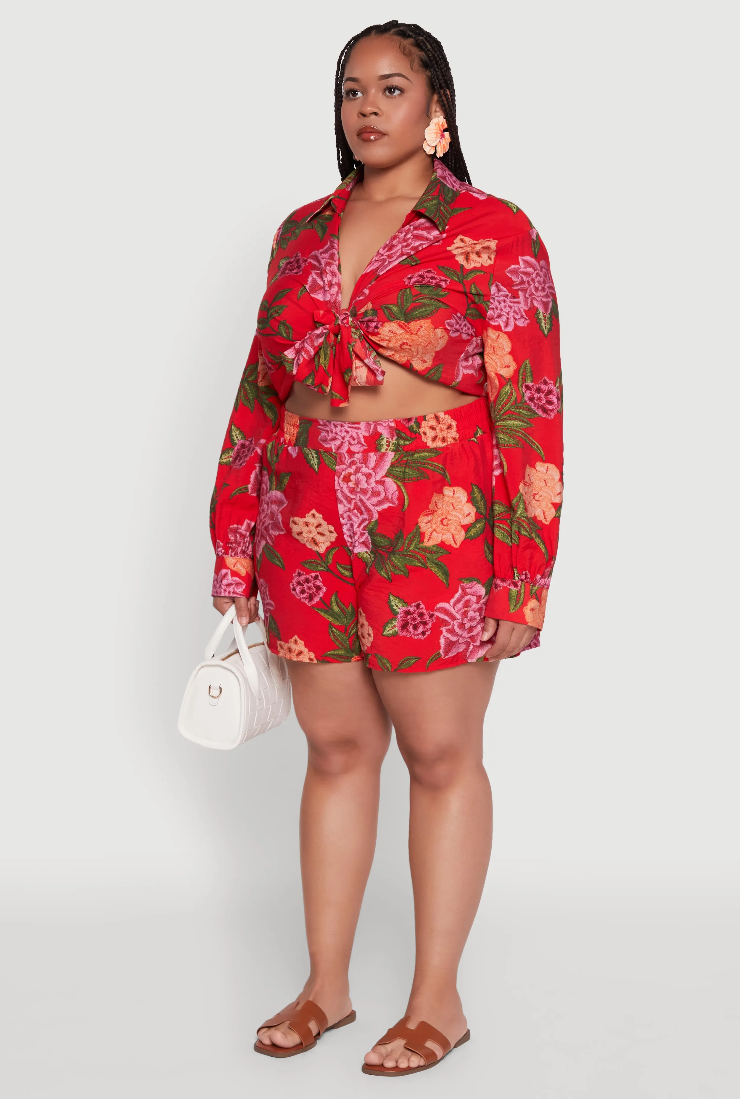 Plus Size Floral Long Sleeve Tie Front Crop Top sold by Rainbow product image thumbnail 5