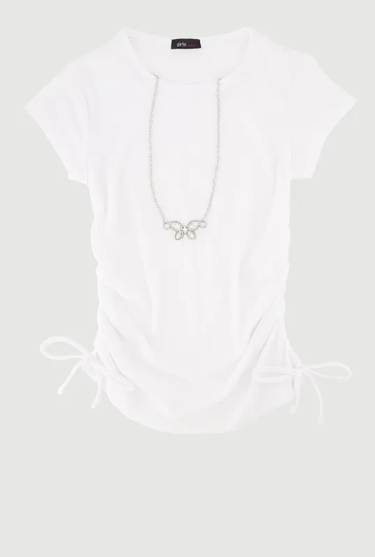 Girls Ribbed Knit Tee with Rhinestone Butterfly Necklace sold by Rainbow