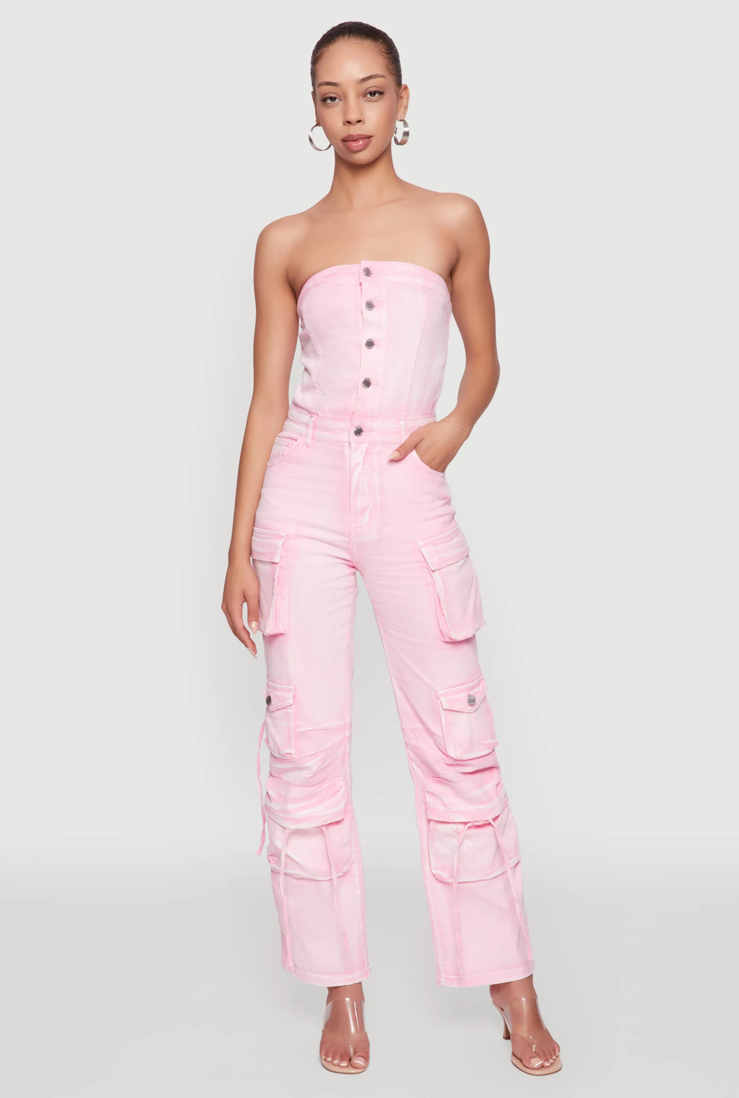 Daisy Denim Strapless Flare Jumpsuit with Cargo Pockets sold by Rainbow