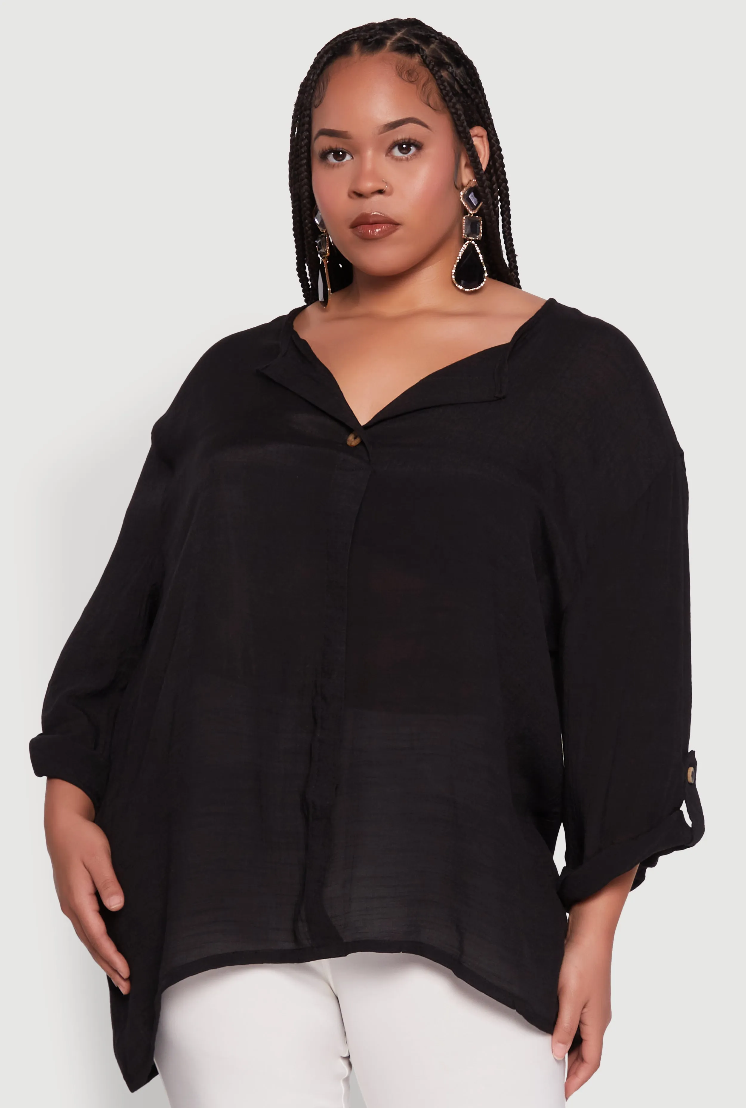 Plus Size Chic Gauze Knit Button Front Notch Neck Blouse sold by Rainbow product image thumbnail 2