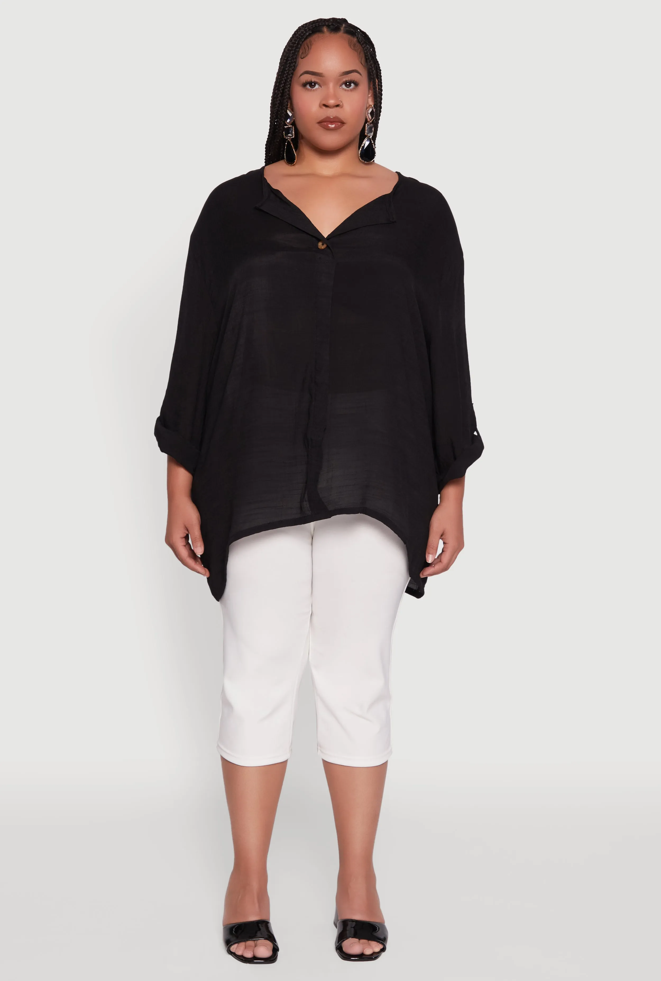 Plus Size Chic Gauze Knit Button Front Notch Neck Blouse sold by Rainbow product image thumbnail 3