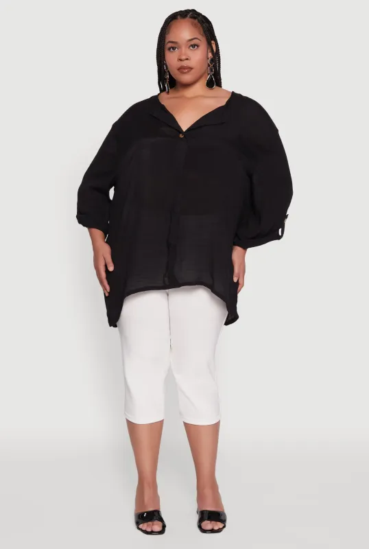 Plus Size Chic Gauze Knit Button Front Notch Neck Blouse sold by Rainbow