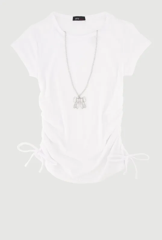 Girls Ribbed Knit Tee with Removable  Rhinestone Bow Necklace sold by Rainbow