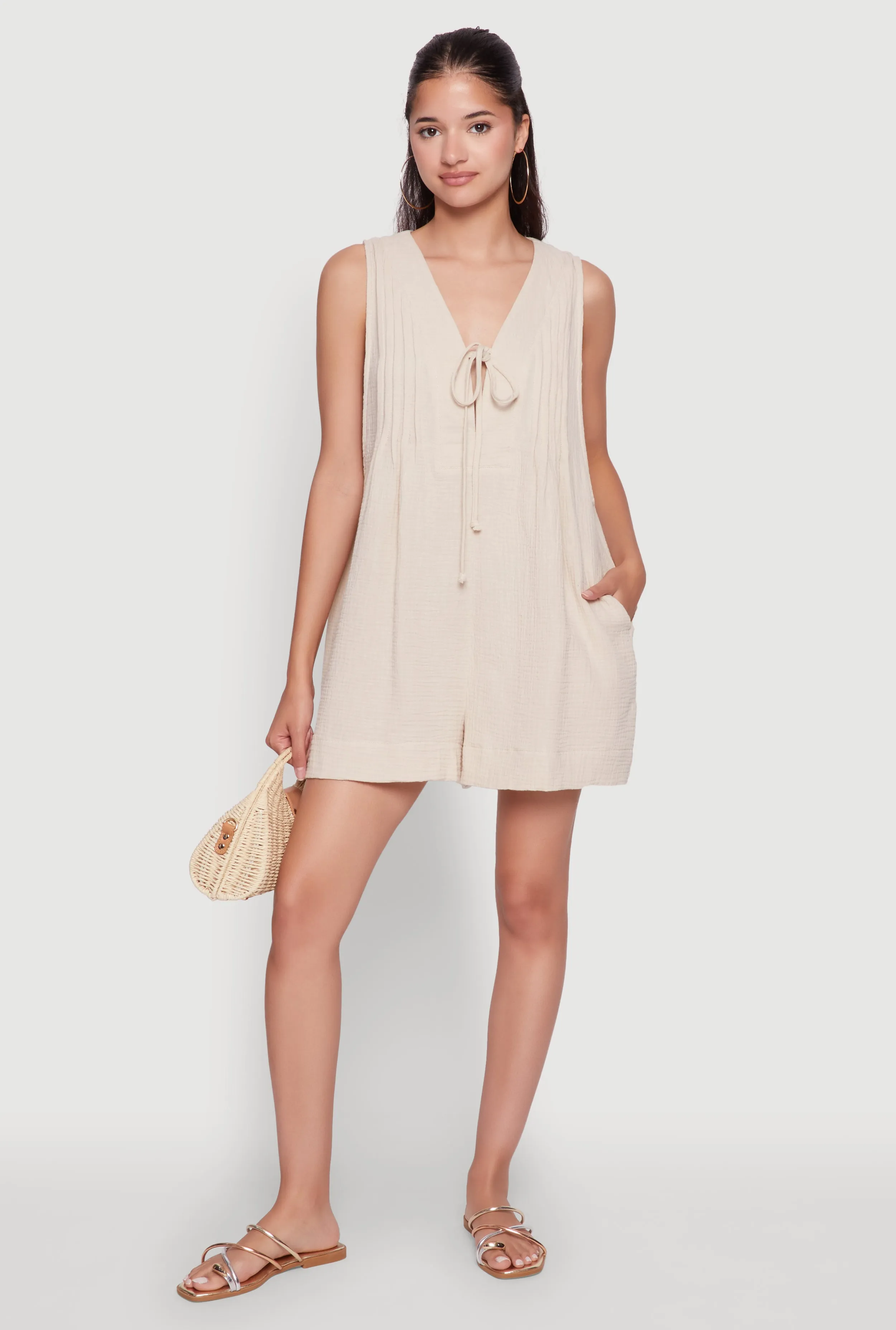 Chic Gauze Knit Tie Front Sleeveless Romper sold by Rainbow