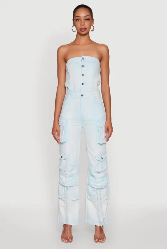 Daisy Denim Strapless Flare Jumpsuit with Cargo Pockets sold by Rainbow