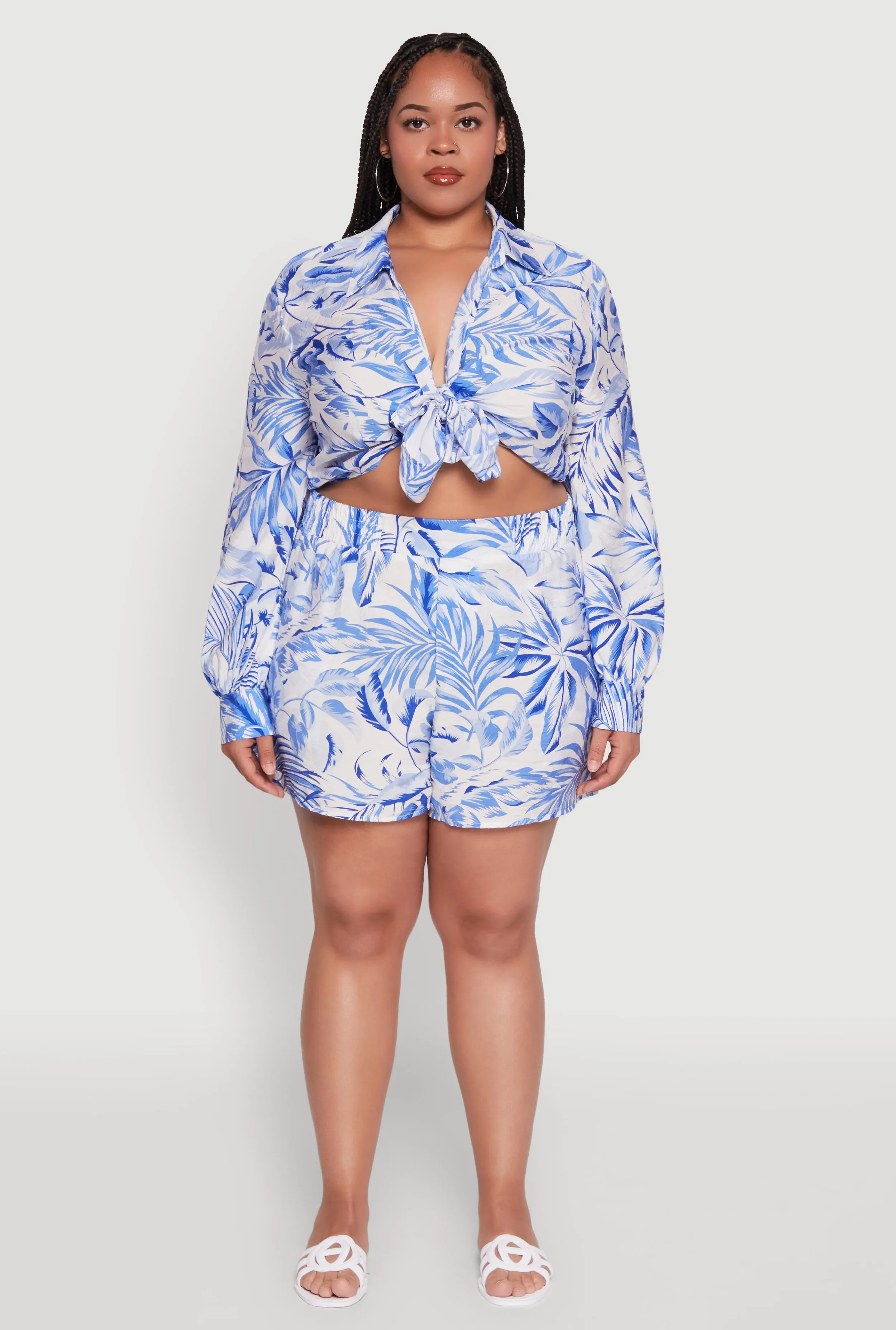 Plus Size Tropical Floral Tie Front Long Sleeve Crop Top sold by Rainbow product image thumbnail 3