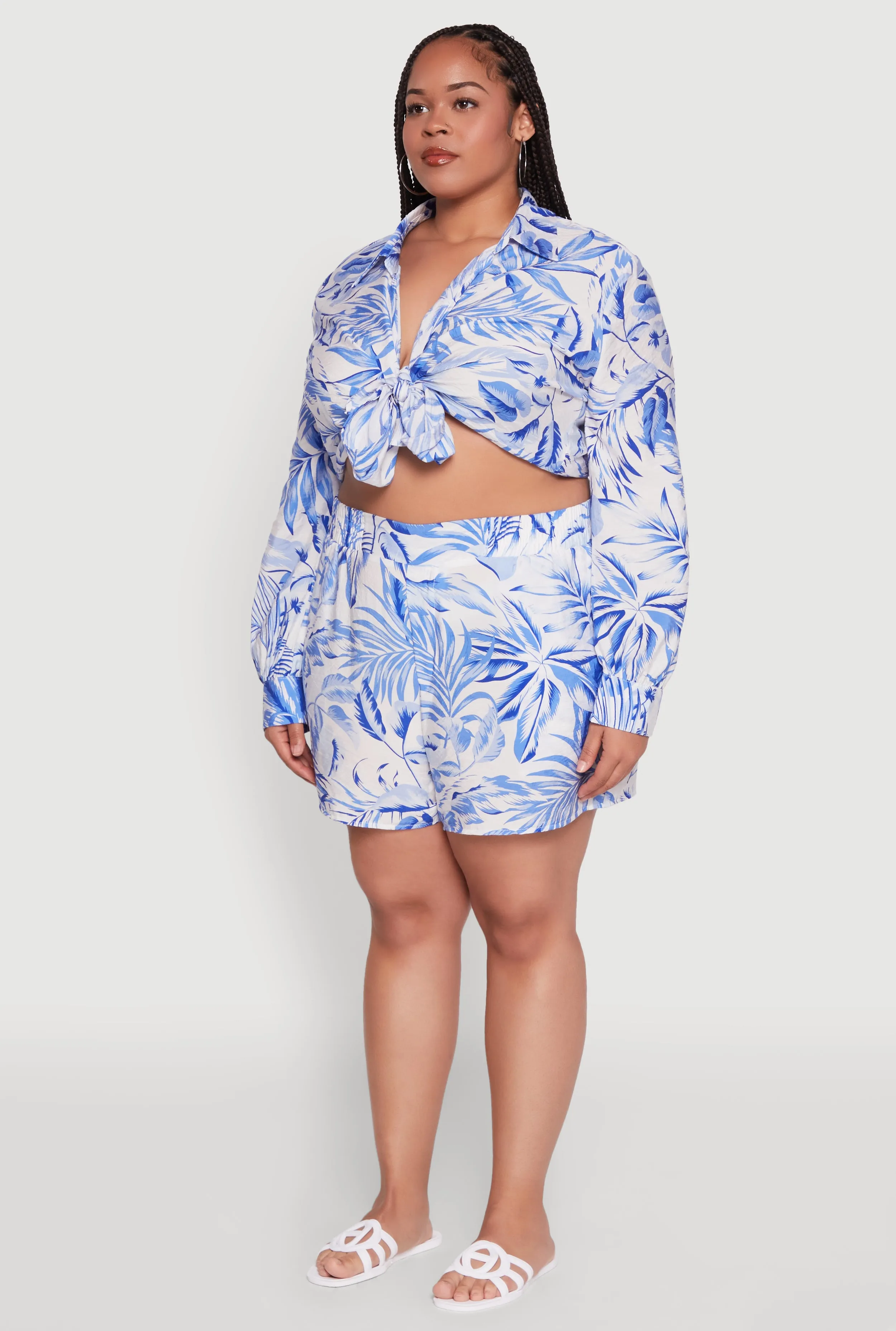 Plus Size Tropical Floral Tie Front Long Sleeve Crop Top sold by Rainbow product image thumbnail 5