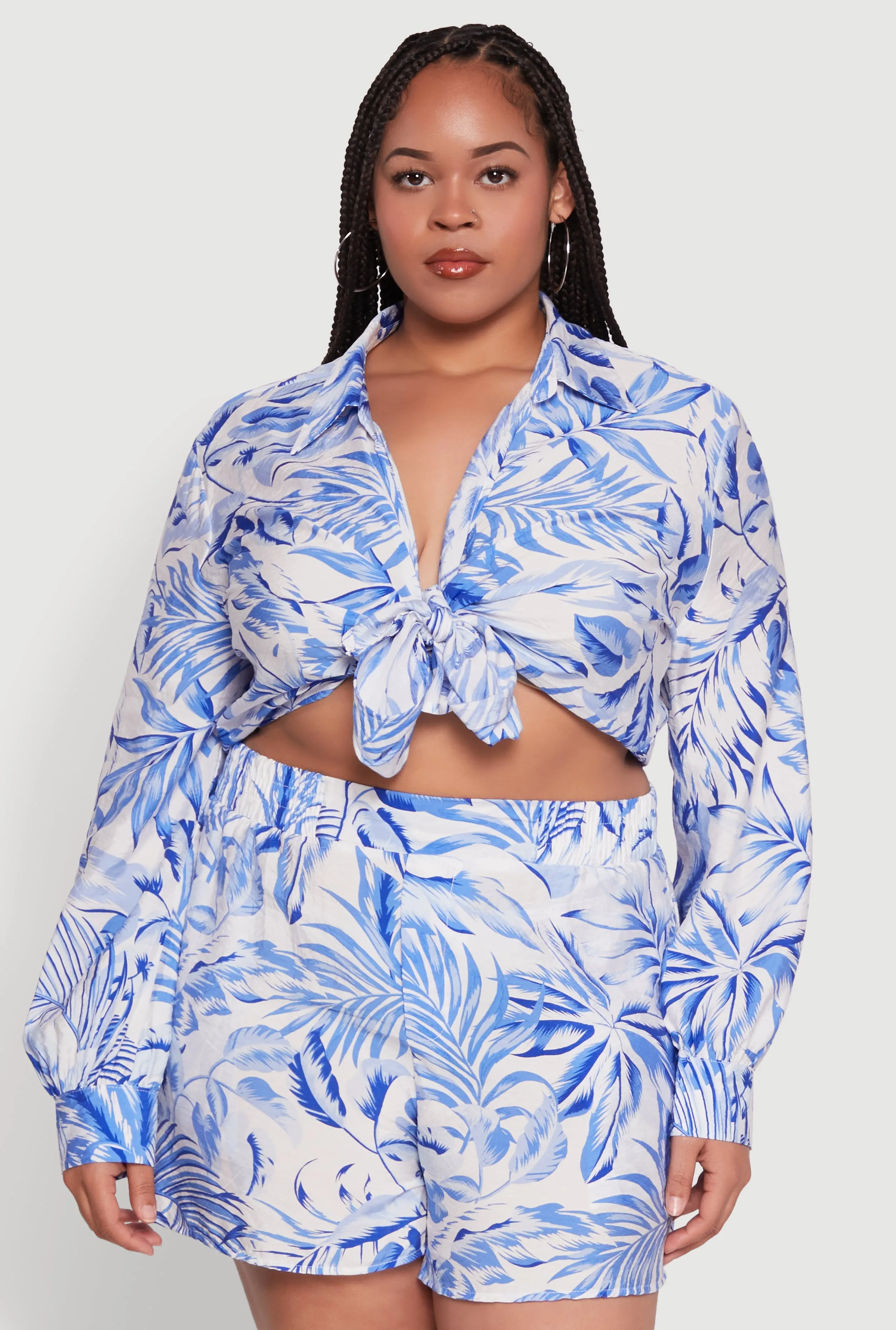 Plus Size Tropical Floral Tie Front Long Sleeve Crop Top sold by Rainbow