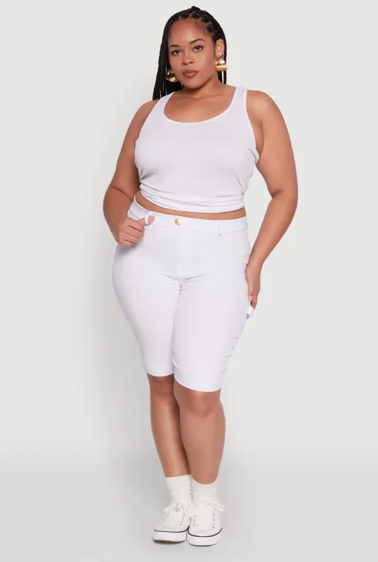 Plus Size Hyperstretch High Waisted Bermuda Shorts with Faux Button sold by Rainbow