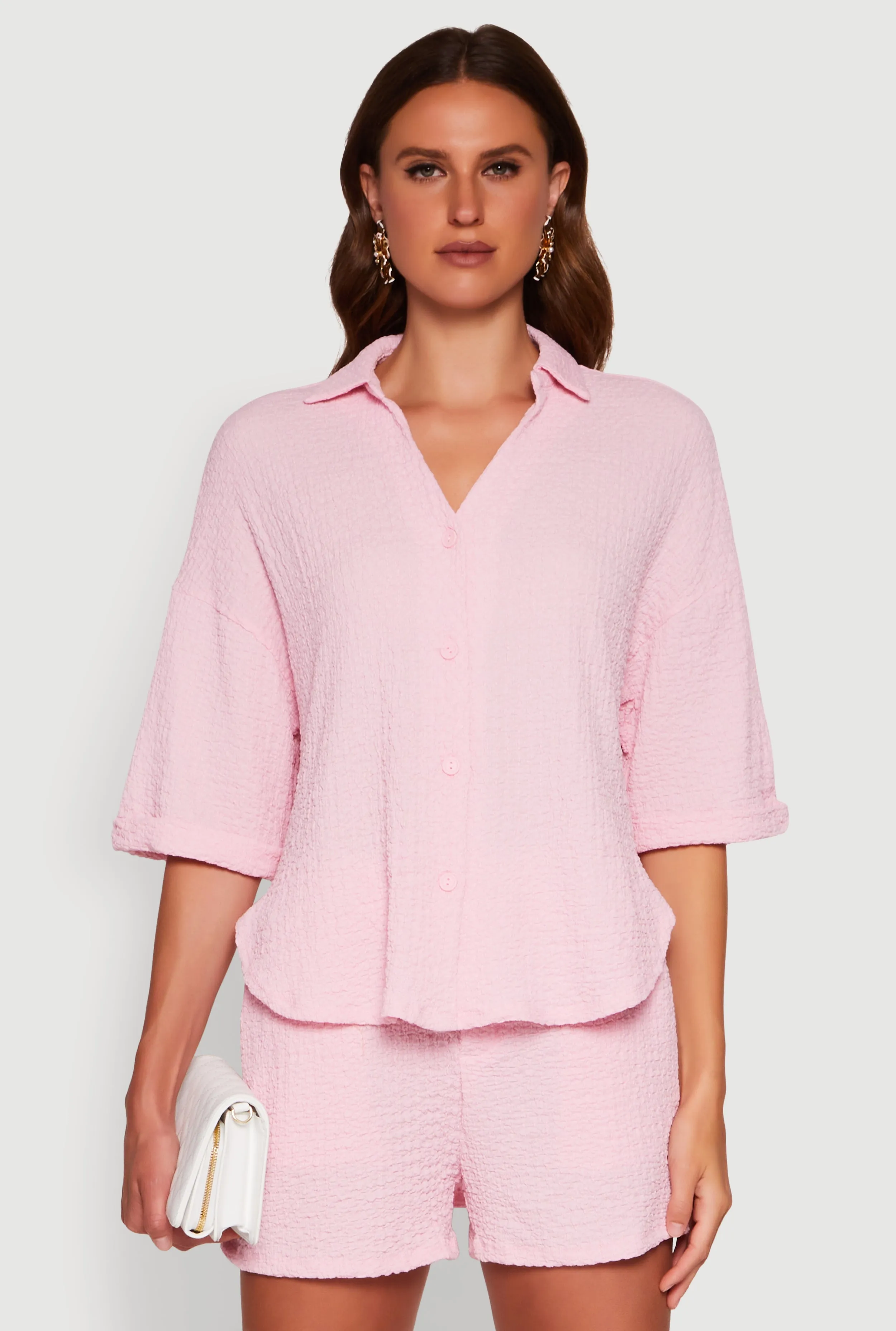 Chic Textured Knit Shirt with Quarter Sleeves and Classic Fit sold by Rainbow