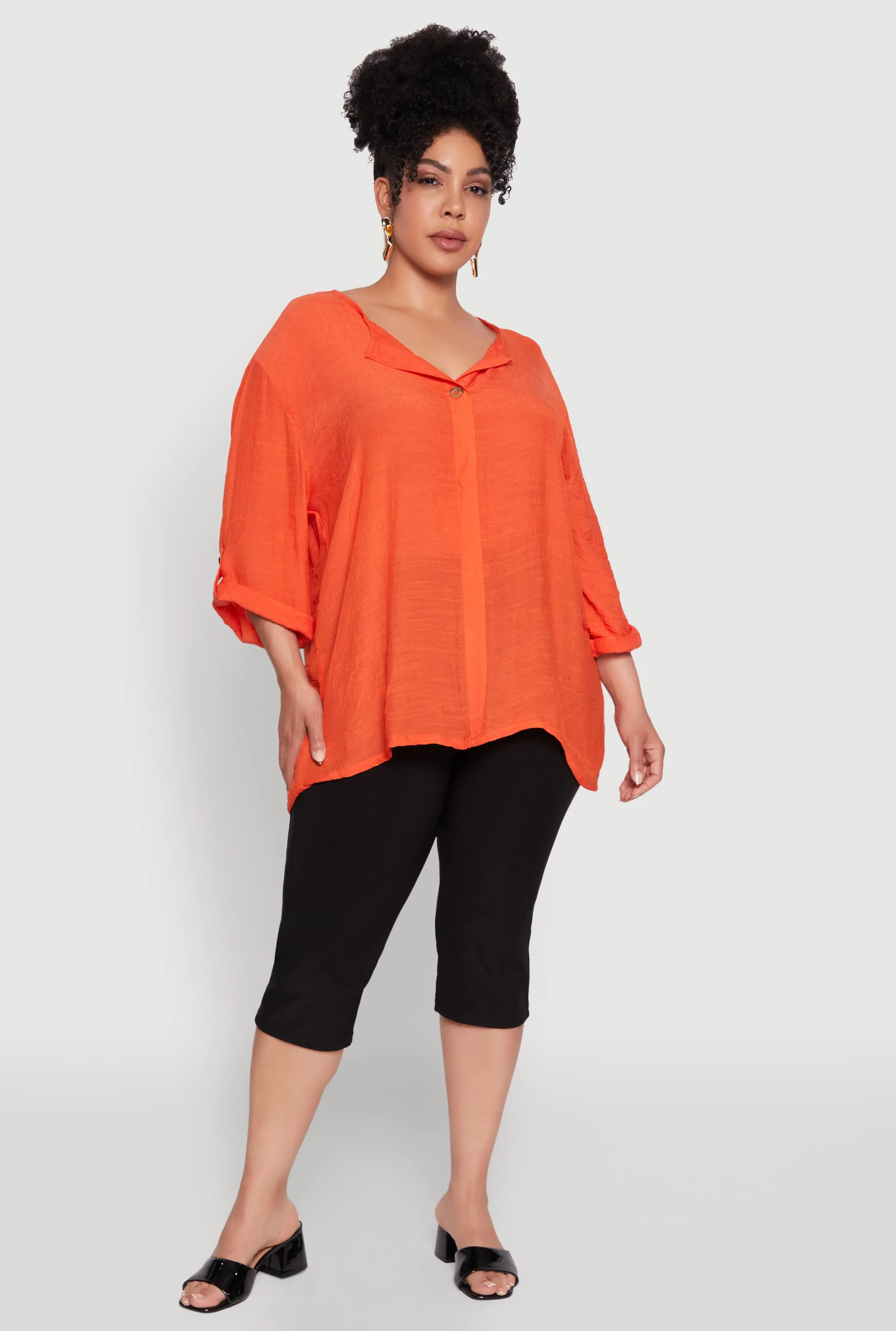Plus Size Chic Gauze Knit Button Front Notch Neck Blouse sold by Rainbow