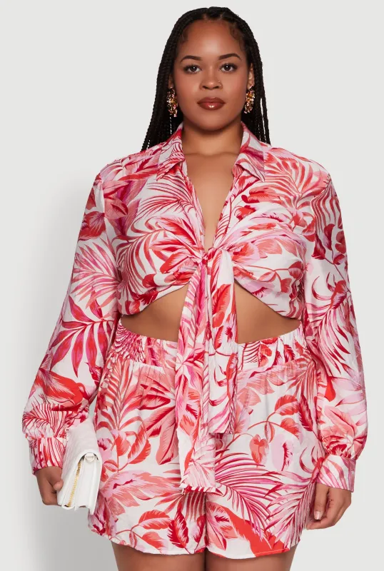 Plus Size Tropical Floral Tie Front Long Sleeve Crop Top sold by Rainbow